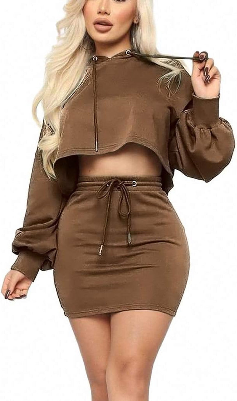 Remelon Women Sweatshirt 2 Piece Outfits Mini Dress Hoodie Tunic Long Sleeve Crop Top Skirt Set Coffee XL