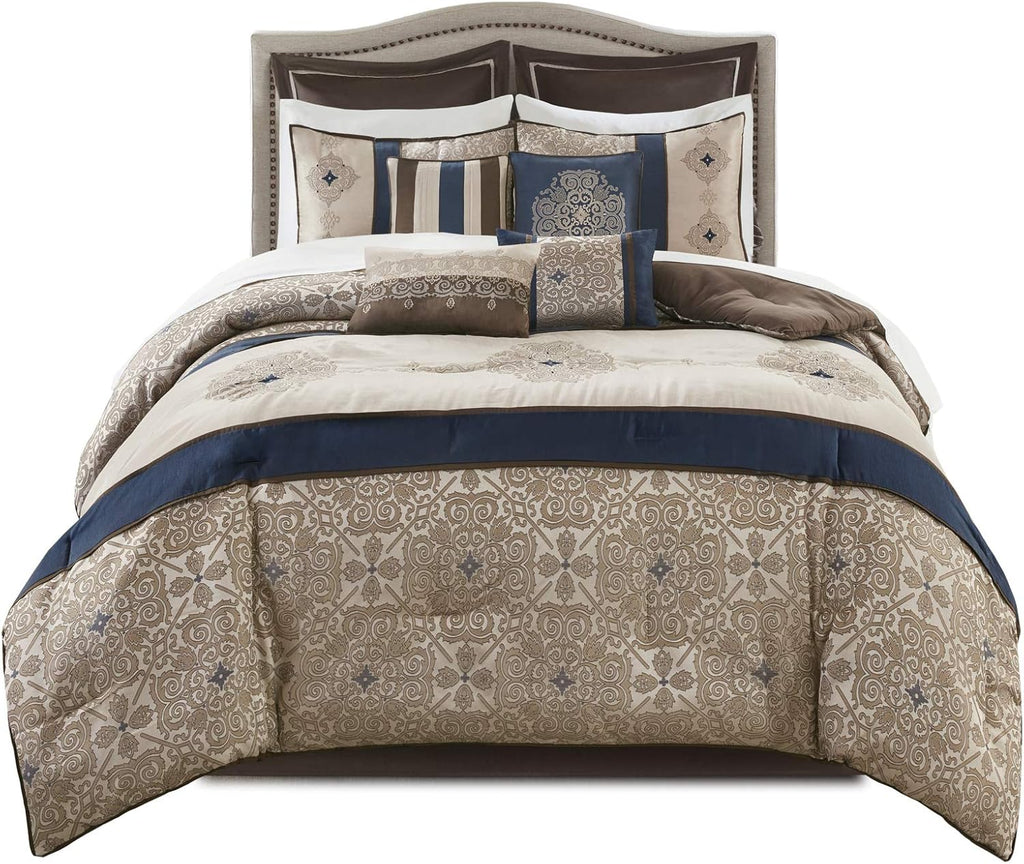 Madison Park Essentials Delaney 24-Piece Room in a Bag Comforter Set-Satin Jacquard All Season Luxury Bedding, Sheets, Decorative Pillows and Curtains, Valance, Queen (90 in X 90 In), Medallion Navy