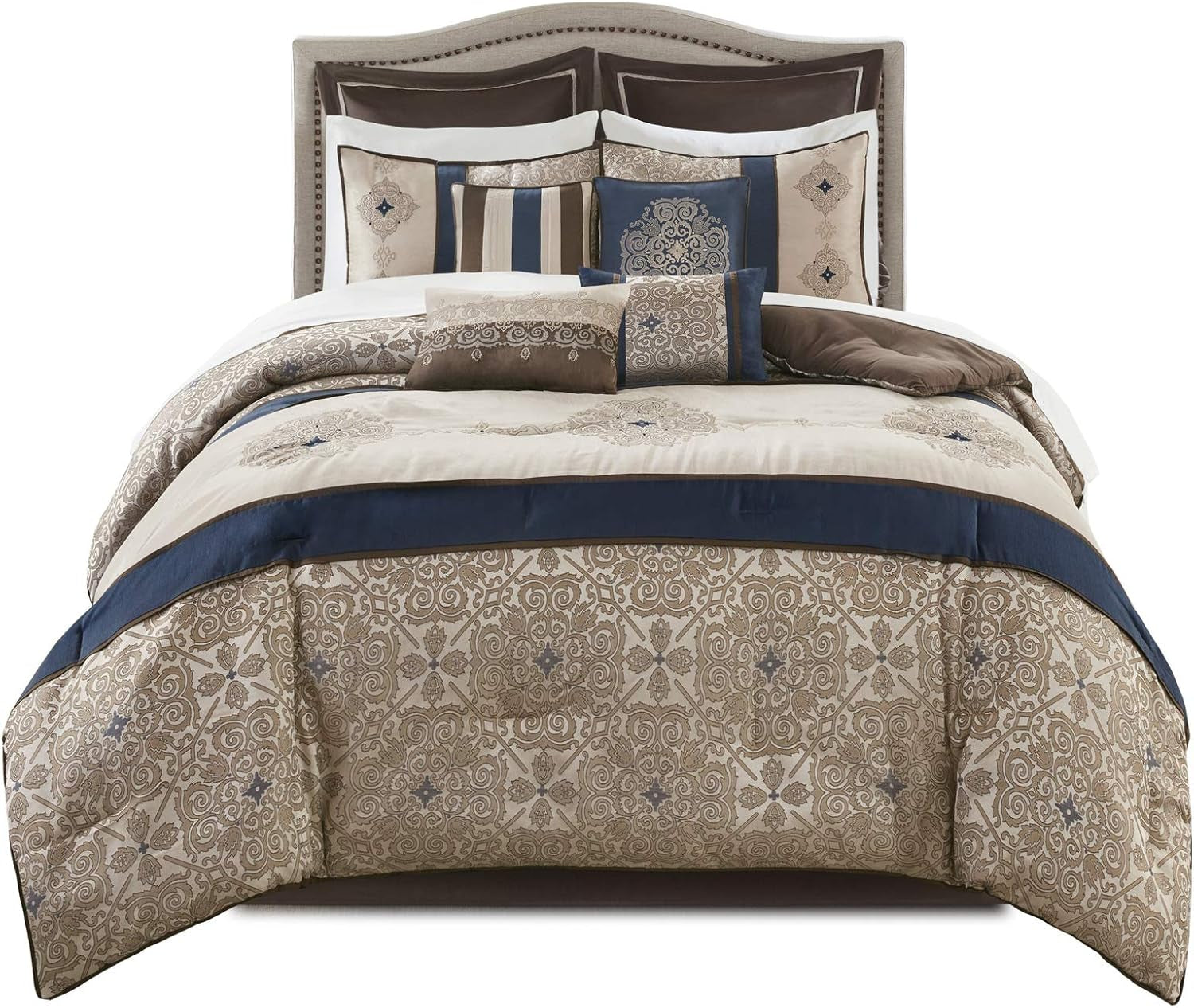 Madison Park Essentials Delaney 24-Piece Room in a Bag Comforter Set-Satin Jacquard All Season Luxury Bedding, Sheets, Decorative Pillows and Curtains, Valance, Queen (90 in X 90 In), Medallion Navy