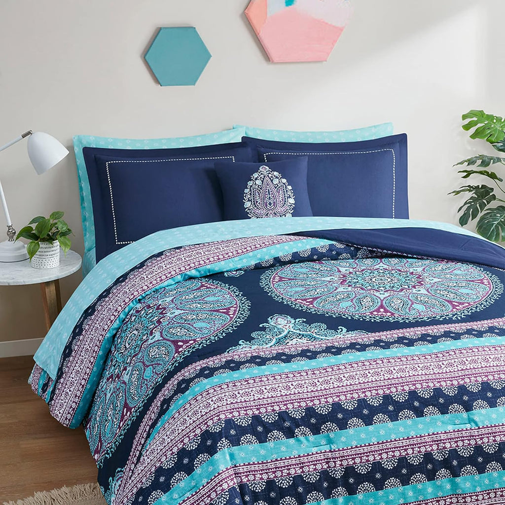 Degrees of Comfort Queen Bed Set, Boho Mandala Comforter Sets with Sheets,Blue Microfibe Bed in a Bag with Side Pockets, Matching Decorative Pillow, 8 Piece Navy