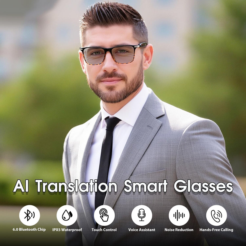 AI Smart Glasses for Men & Women, Photochromic AI Translation Glasses, Support 165+ Languages, Touch Control & IPX5 Waterproof, Multifunctional Bluetooth Glasses, Travel Meeting Business Trade(Brown)