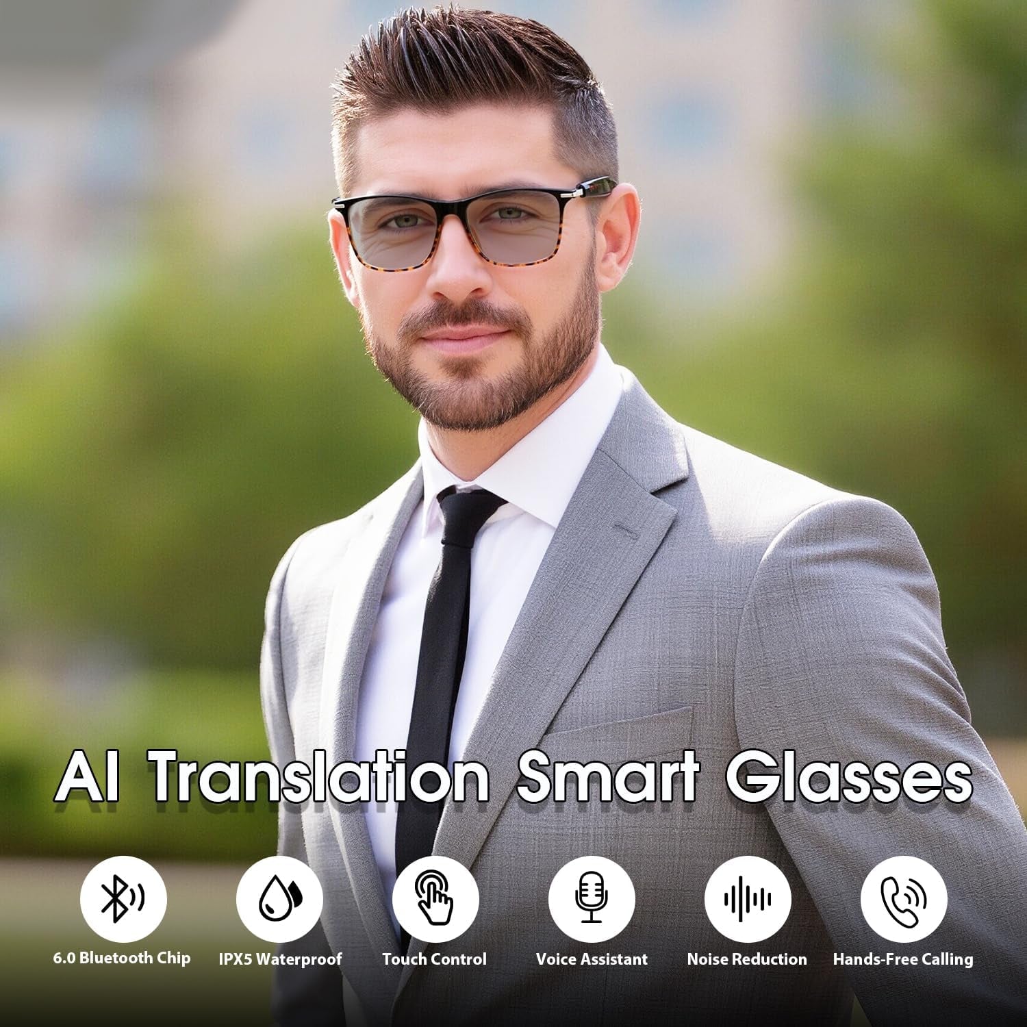 AI Smart Glasses for Men & Women, Photochromic AI Translation Glasses, Support 165+ Languages, Touch Control & IPX5 Waterproof, Multifunctional Bluetooth Glasses, Travel Meeting Business Trade(Brown)