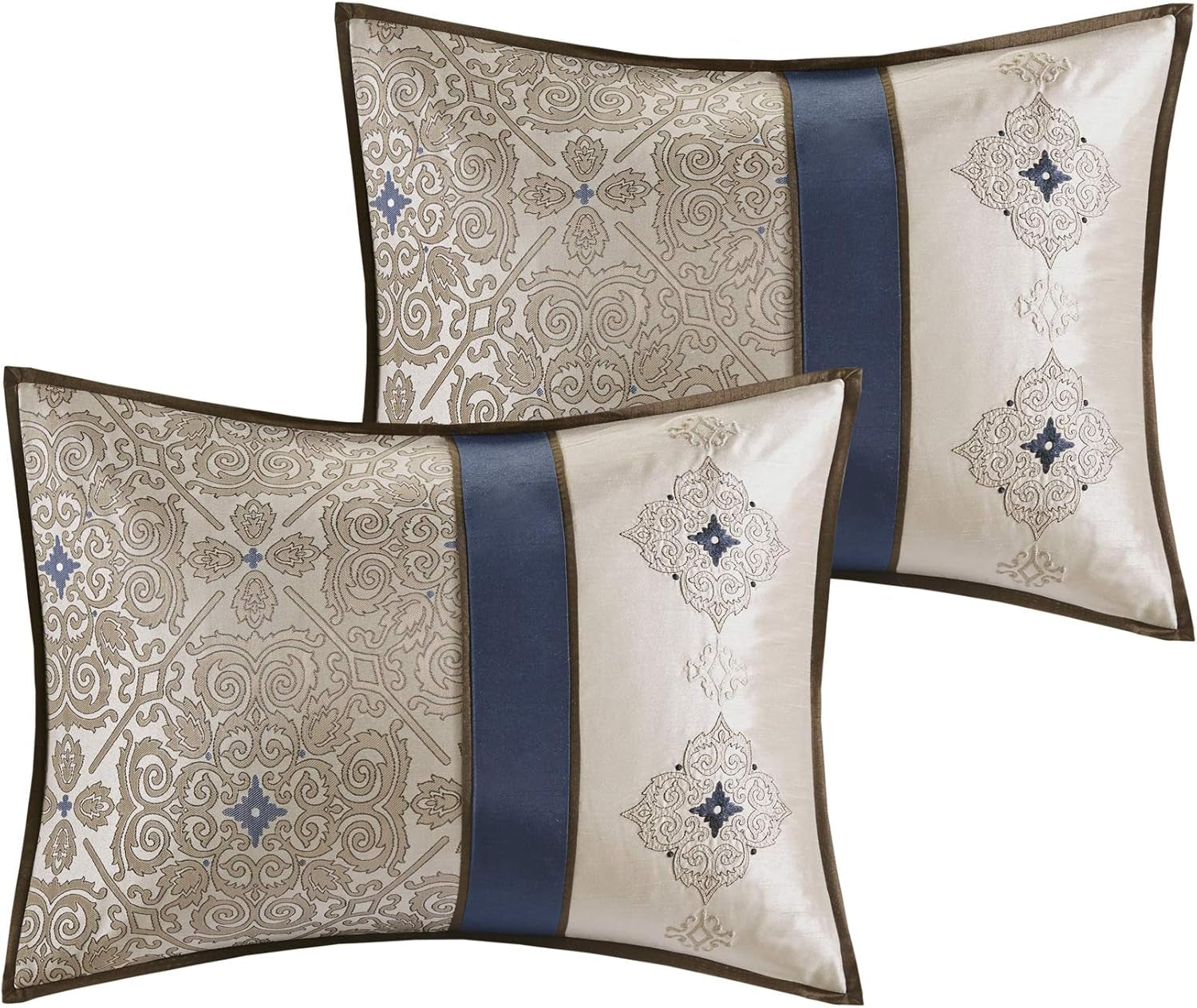 Madison Park Essentials Delaney 24-Piece Room in a Bag Comforter Set-Satin Jacquard All Season Luxury Bedding, Sheets, Decorative Pillows and Curtains, Valance, Queen (90 in X 90 In), Medallion Navy