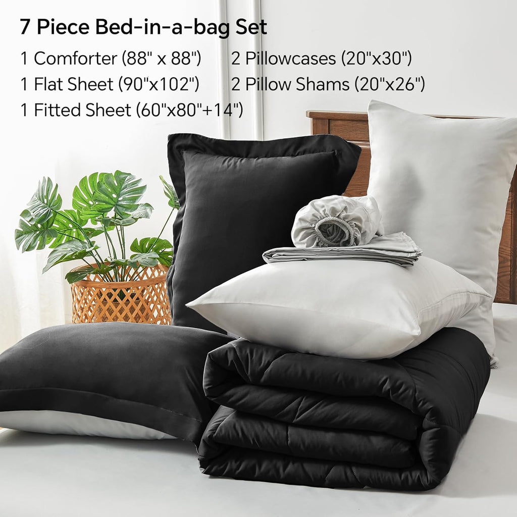 BEDELITE Queen Comforter Set 7 Pieces Bed in a Bag - Soft Microfiber Reversible Black Bed Set with Comforters, Sheets, Pillowcases & Shams, Cozy Luxury Bedding Sets for All Season