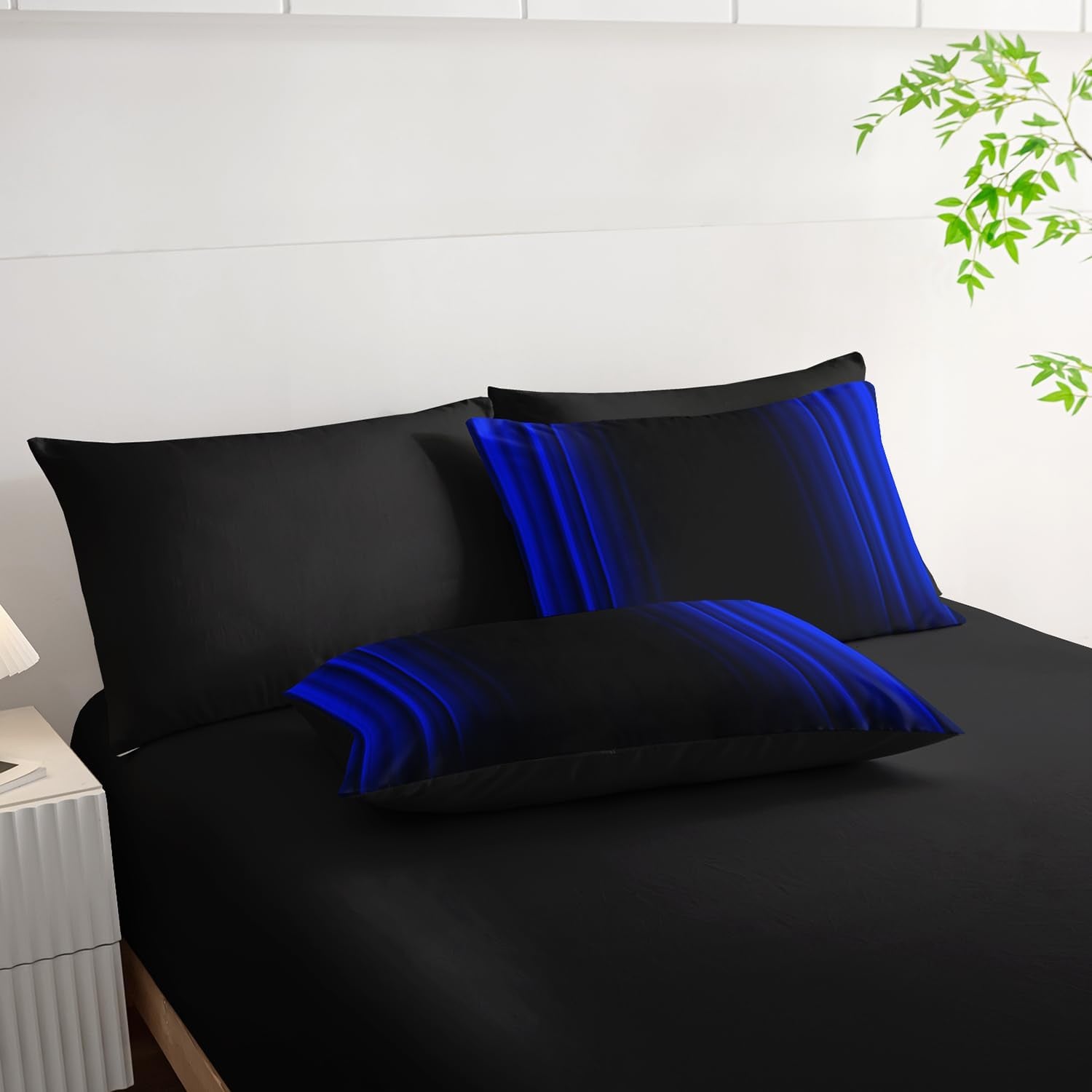 Nttopship Blue and Black Bedding Set Full Size Abstract Ombre Comforter Set Bedding Set 7 Piece in a Bag,Dark Quilt Set Mordern Art Decor All Seasons with Pillowcases,Flat, Fitted Sheet