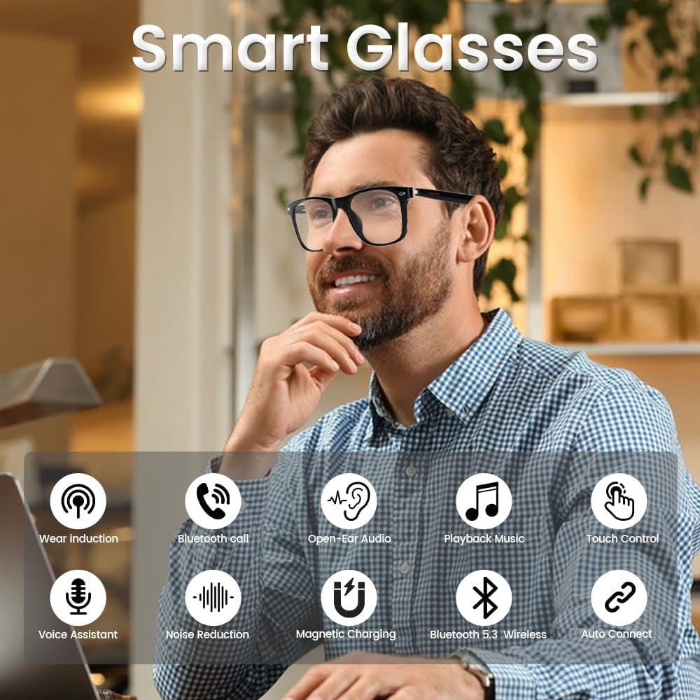 Bluetooth Audio Smart Glasses for Women Men,Blue Light Blocking Bluetooth Glasses with Open Ear Speaker,Voice Control, Hands-Free Calls & Built-In Microphone for Iphone Android Music/Work