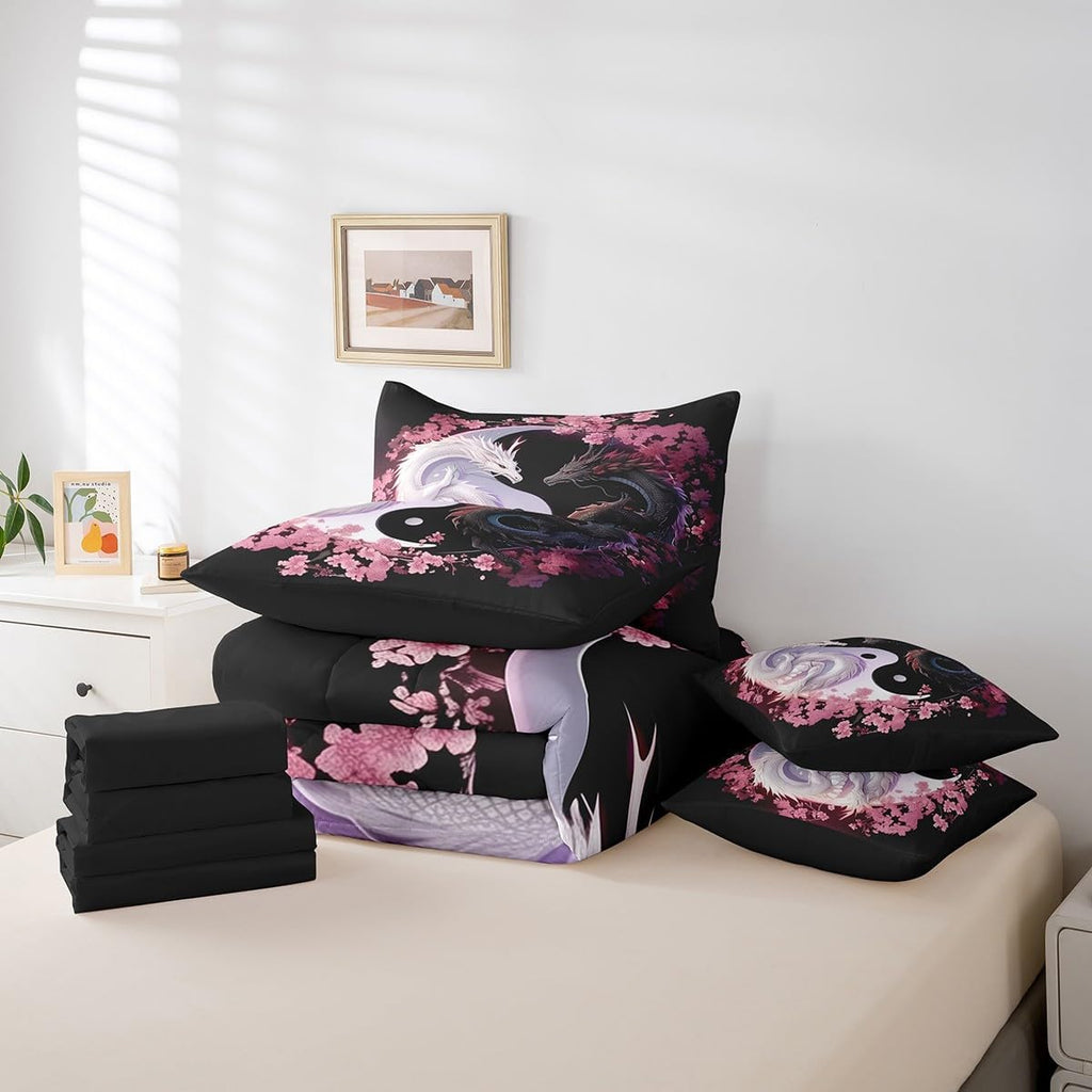 Feelyou Dragon Bedding Set Queen Size Yin Yang Comforter Set 7 Pieces Cherry Blossoms 3D Dragon Ancient Wildlife Couple Lover Bed in a Bag for Romantic Bed Set with Comforter, Sheet Set, Pillowcases