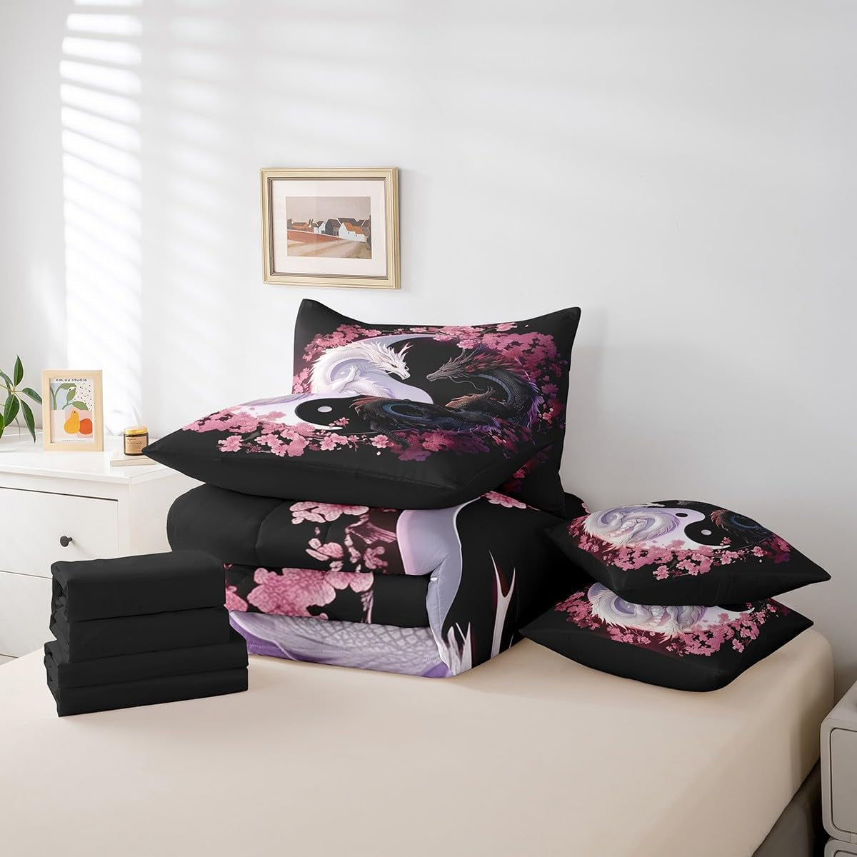 Feelyou Dragon Bedding Set Queen Size Yin Yang Comforter Set 7 Pieces Cherry Blossoms 3D Dragon Ancient Wildlife Couple Lover Bed in a Bag for Romantic Bed Set with Comforter, Sheet Set, Pillowcases
