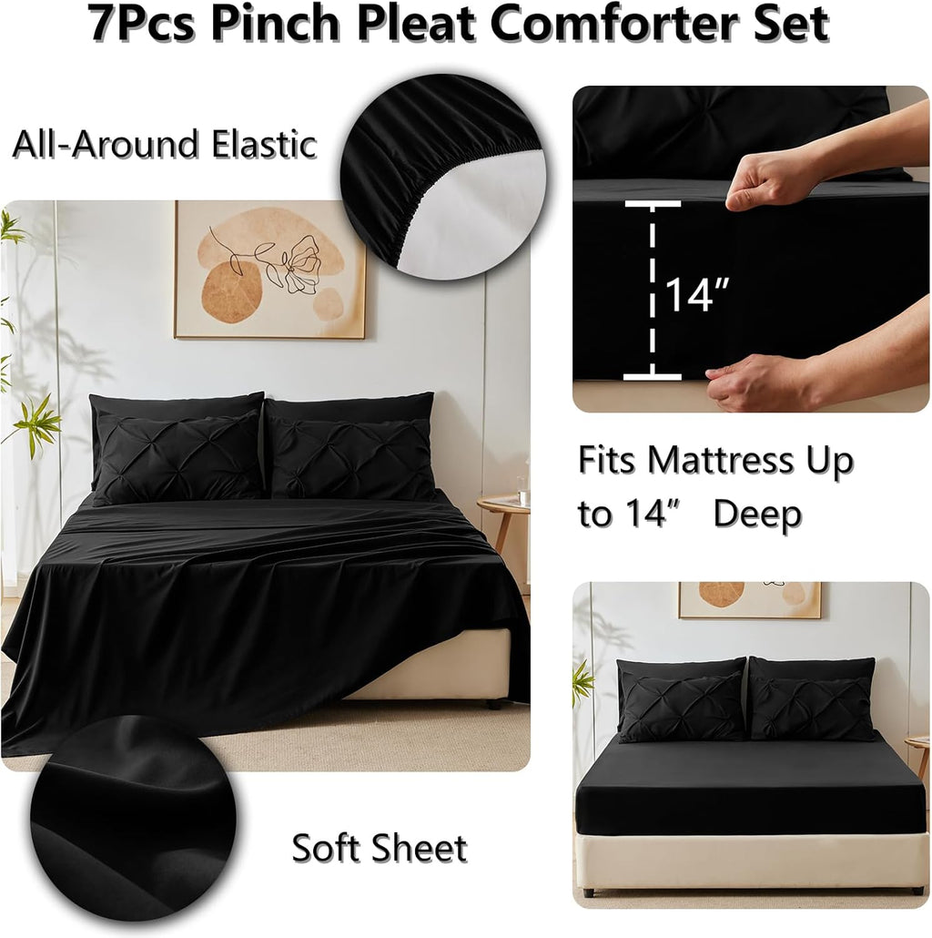 Pintuck Bed in a Bag, 7 Pieces Queen Size Comforter Set Black, Luxury Pinch Pleat Bed in a Bag, Soft All Season Bedding Sets with Comforter, Flat Sheet, Fitted Sheet and Pillowcases & Shams