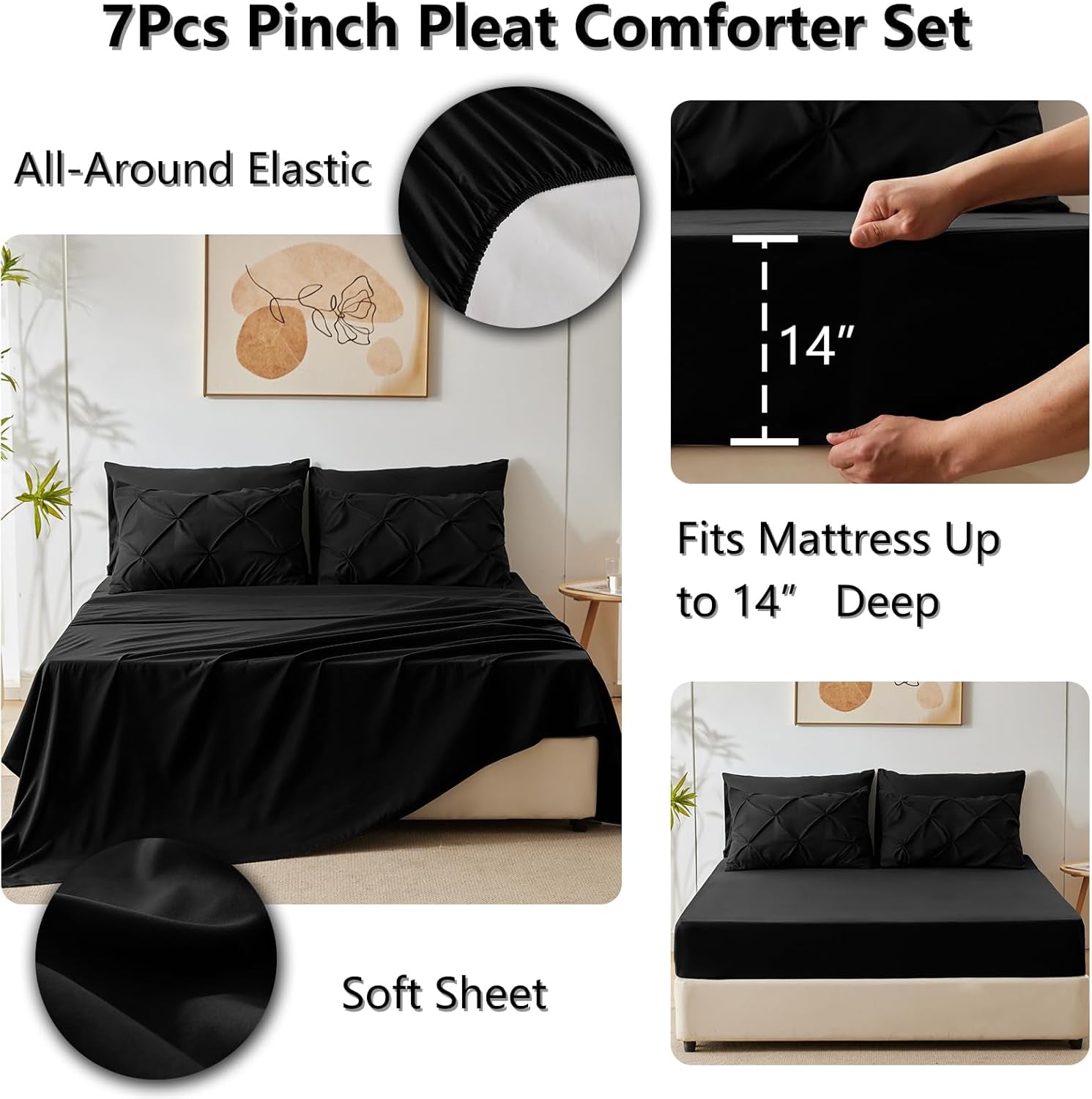Pintuck Bed in a Bag, 7 Pieces King Size Comforter Set Black, Luxury Pinch Pleat Bed in a Bag, Soft All Season Bedding Sets with Comforter, Flat Sheet, Fitted Sheet and Pillowcases & Shams