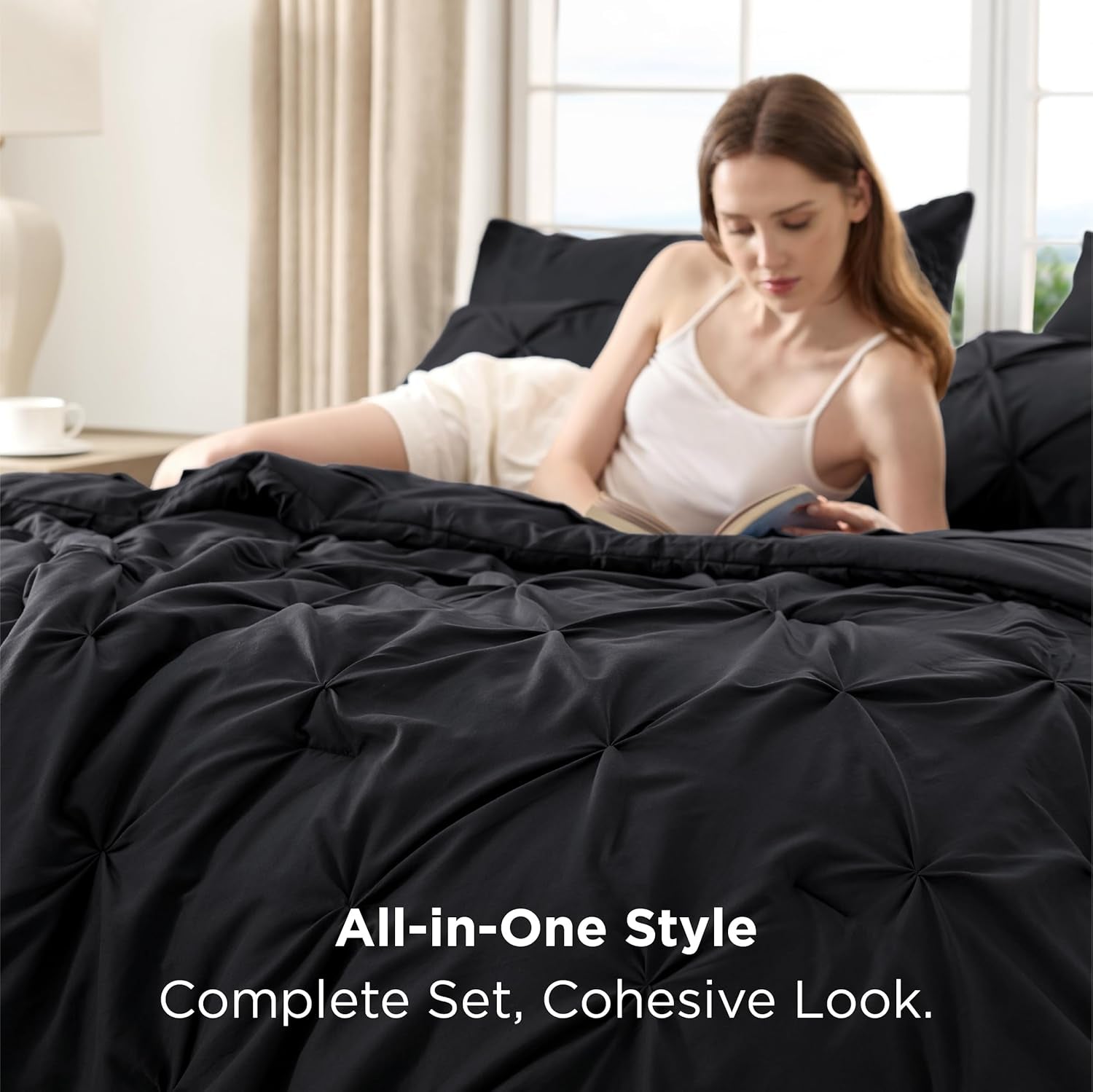 Bedsure Black Comforter Set - Bed in a Bag Queen Size Gothic Bedding 7 Pieces, Gentlesoft™ Pintuck Bed Set Gift for Family, All Season down Alternative Comforter with Sheets, Pillowcases & Shams