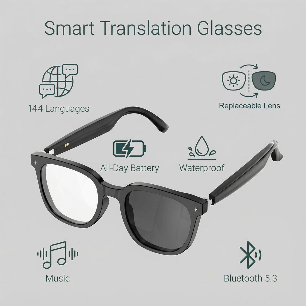 AI Smart Glasses for Men and Women with Chat GPT, Real Time Translation Glasses with 164 Languages,Sunglasses Music Playback, Hands-Free Calls, Open-Ear Audio for Travel, Meetings