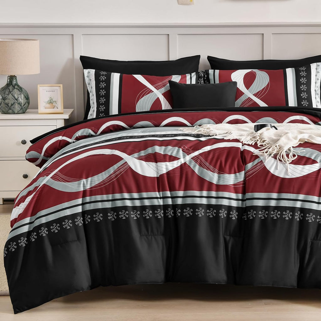 Anibedding Burgundy Comforter Set King Size,8 Pieces Bed in a Bag Patchwork Striped Bedding Sets,Boho Soft Microfiber Bedding Set for All Season(104"×90")