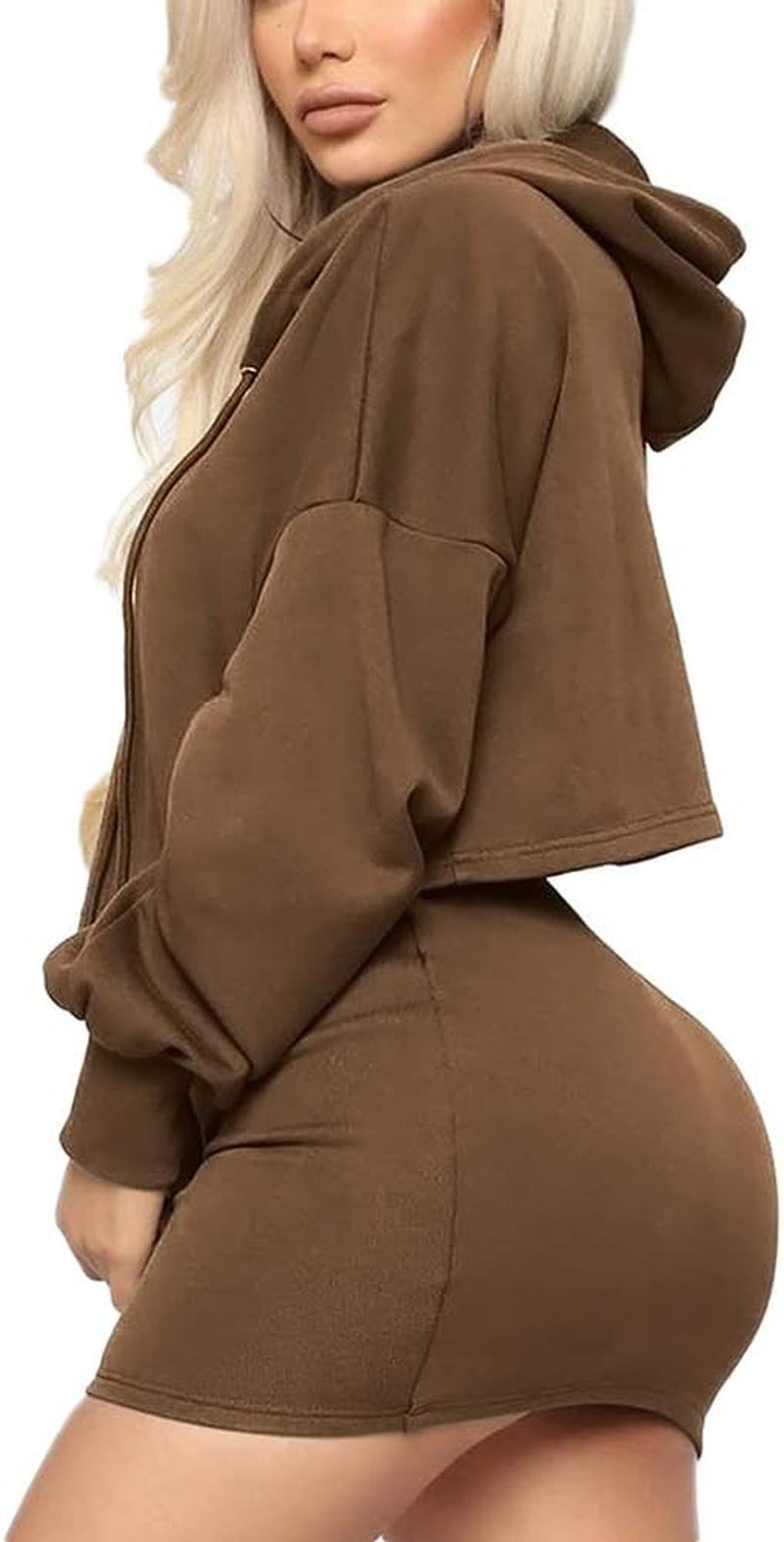 Remelon Women Sweatshirt 2 Piece Outfits Mini Dress Hoodie Tunic Long Sleeve Crop Top Skirt Set Coffee XL