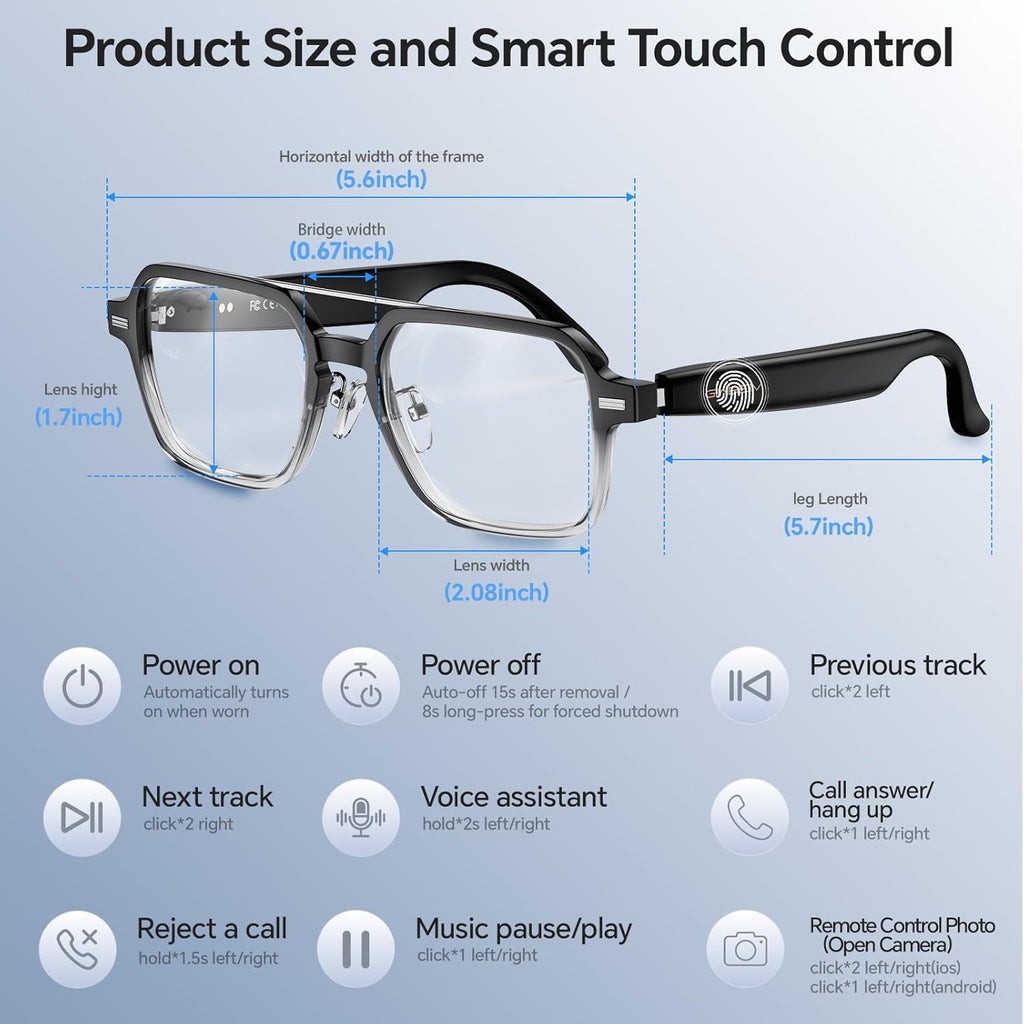 Aviator Smart Glasses for Men & Women, Audio Bluetooth Glasses, Wear Induction Power On/Off, Touch Control, Photochromic Lens, Smart Sunglasses, Music, Hands-Free Calls, Uv/Blue Light Protection