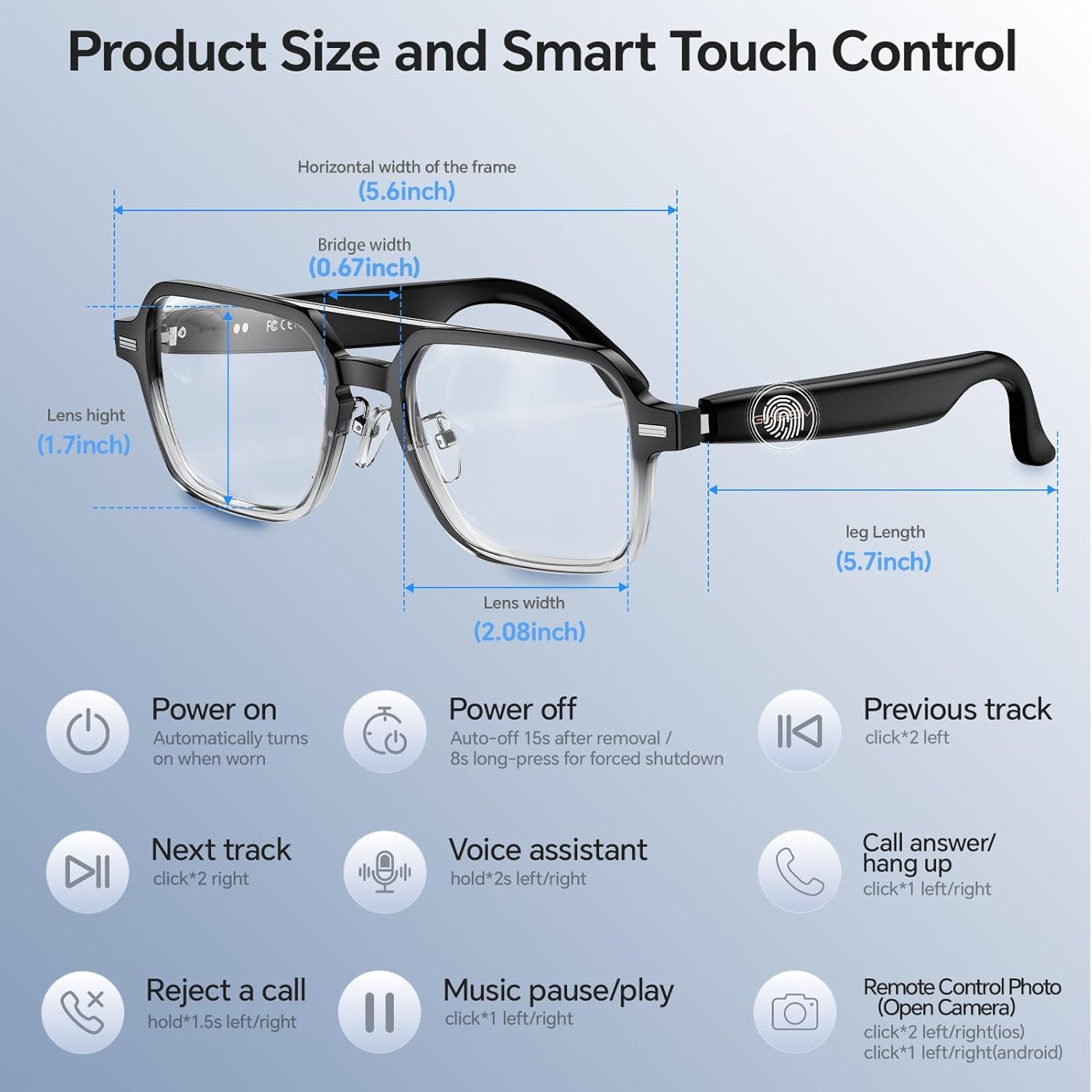Aviator Smart Glasses for Men & Women, Audio Bluetooth Glasses, Wear Induction Power On/Off, Touch Control, Photochromic Lens, Smart Sunglasses, Music, Hands-Free Calls, Uv/Blue Light Protection