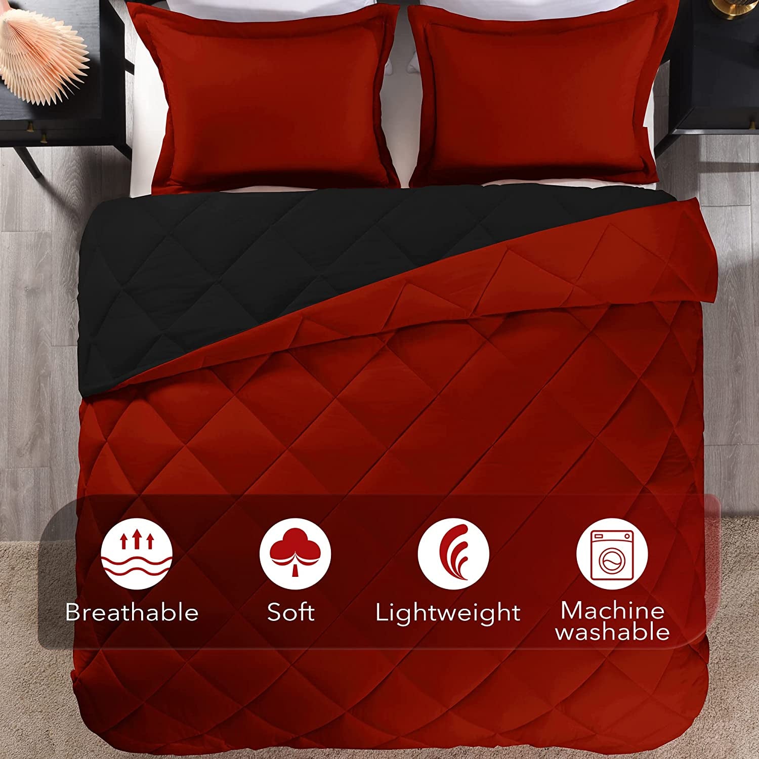 Downluxe King Size Comforter Set - Red and Black King Comforter, Soft Bedding Sets for All Seasons - 3 Pieces - 1 Comforter (104"X92") and 2 Pillow Shams(20"X36")