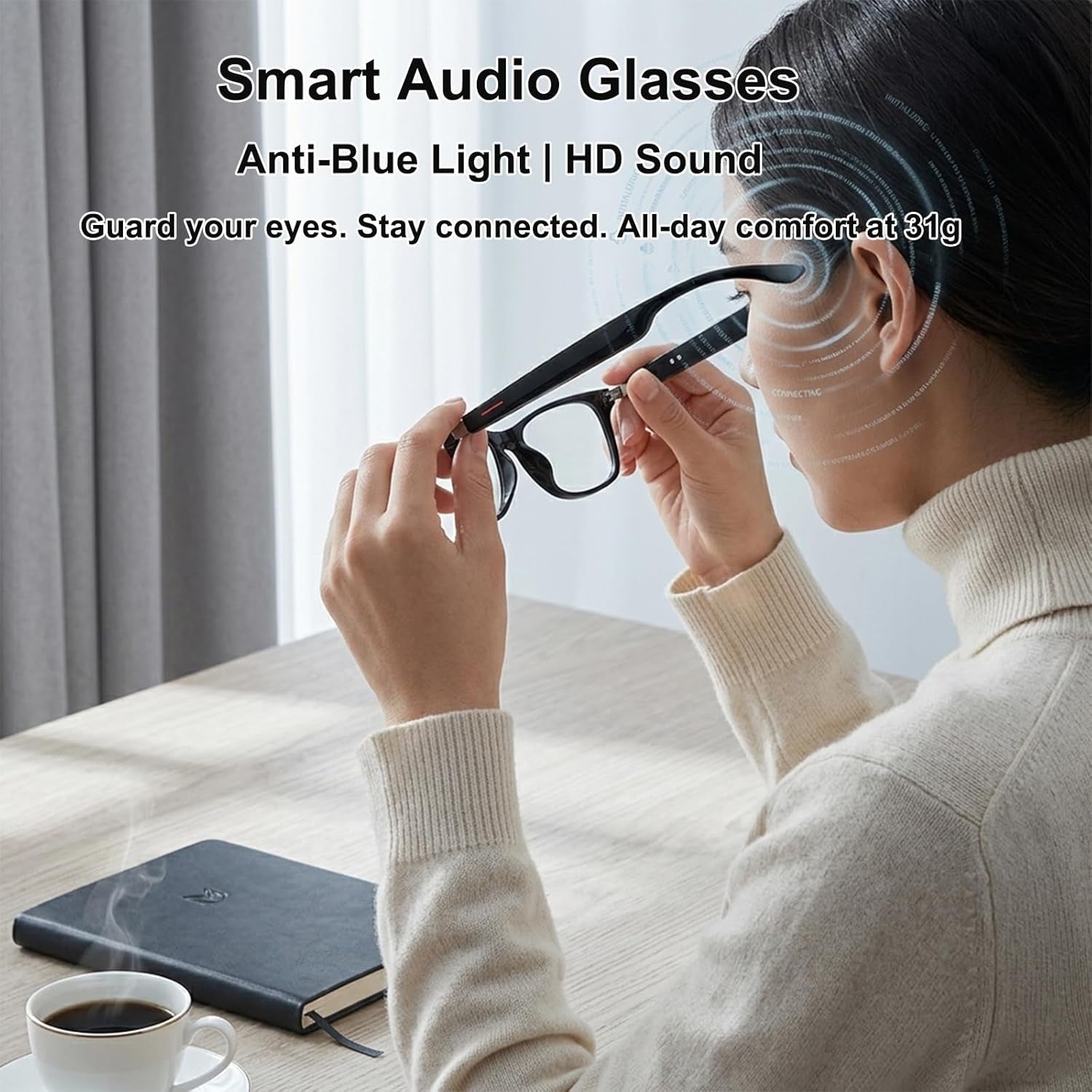 Smart Audio Glasses,Anti-Blue Light Lenses,Open Ear Bluetooth Glasses with Noise Canceling Microphone,Touch Control, IP65 Water Resistant,Lightweight Eyewear for Office & Home