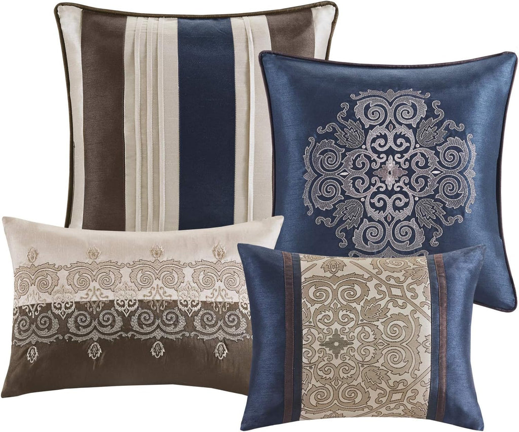 Madison Park Essentials Delaney 24-Piece Room in a Bag Comforter Set-Satin Jacquard All Season Luxury Bedding, Sheets, Decorative Pillows and Curtains, Valance, Queen (90 in X 90 In), Medallion Navy