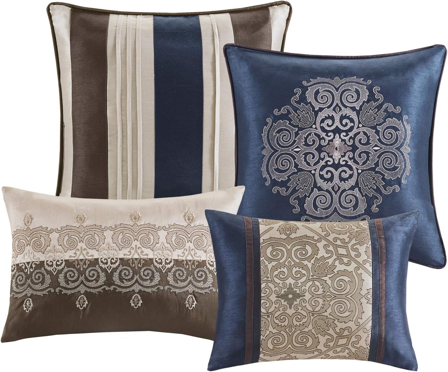 Madison Park Essentials Delaney 24-Piece Room in a Bag Comforter Set-Satin Jacquard All Season Luxury Bedding, Sheets, Decorative Pillows and Curtains, Valance, Queen (90 in X 90 In), Medallion Navy