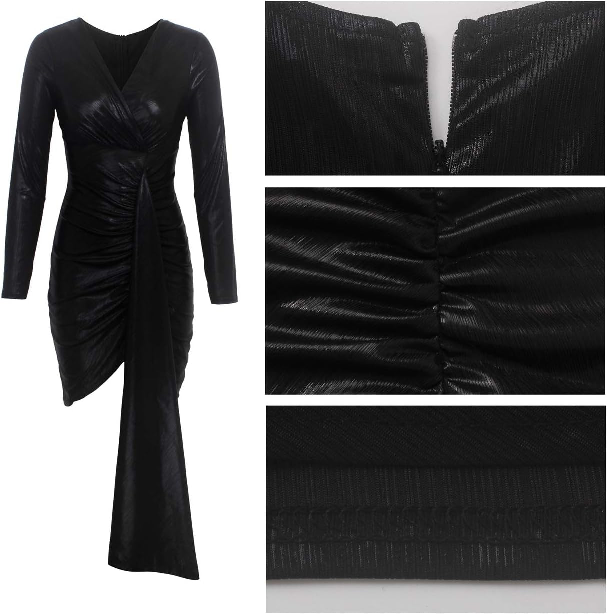 Bestgirl Women'S Sexy Dress Deep V Neck Long Sleeve Ruched Sparkly Bodycon Club Mini Dresses