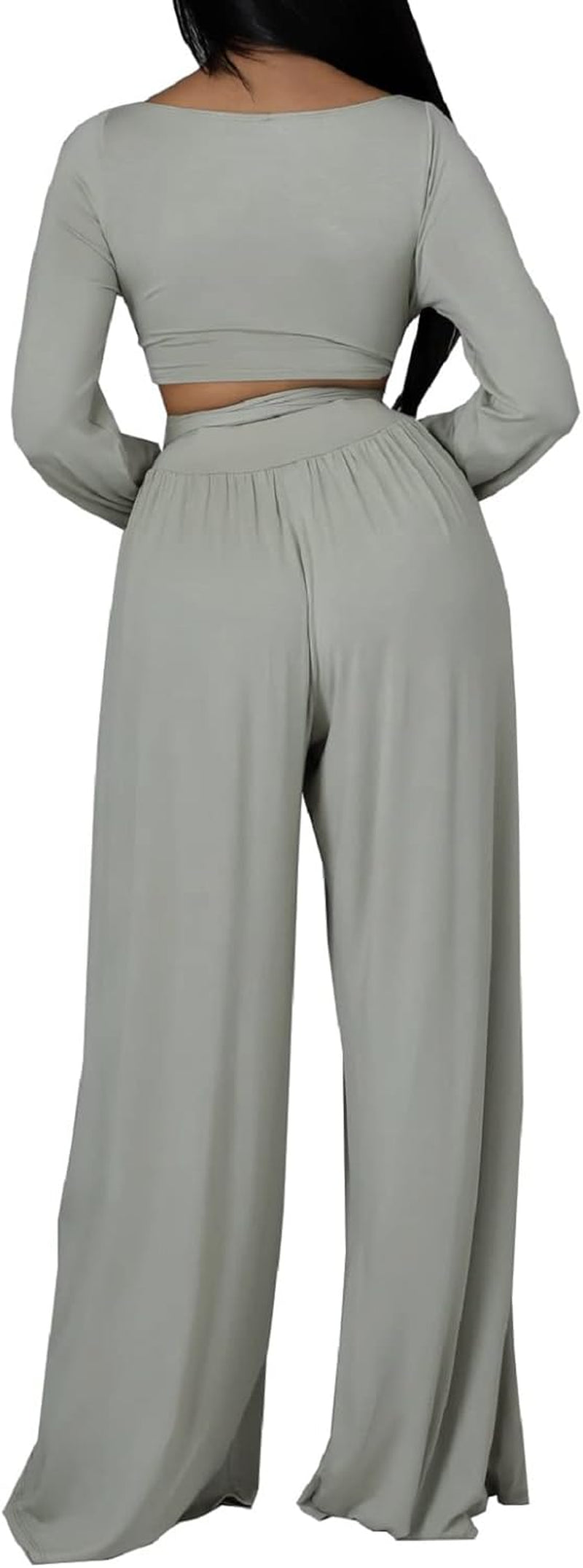 Yiershu Women'S 2 Piece Outfits Sexy Long Sleeve Tunic Tops Wide Leg Palazzo Pant Set Jumpsuit Tracksuit Sweatsuits (Gray,Large)