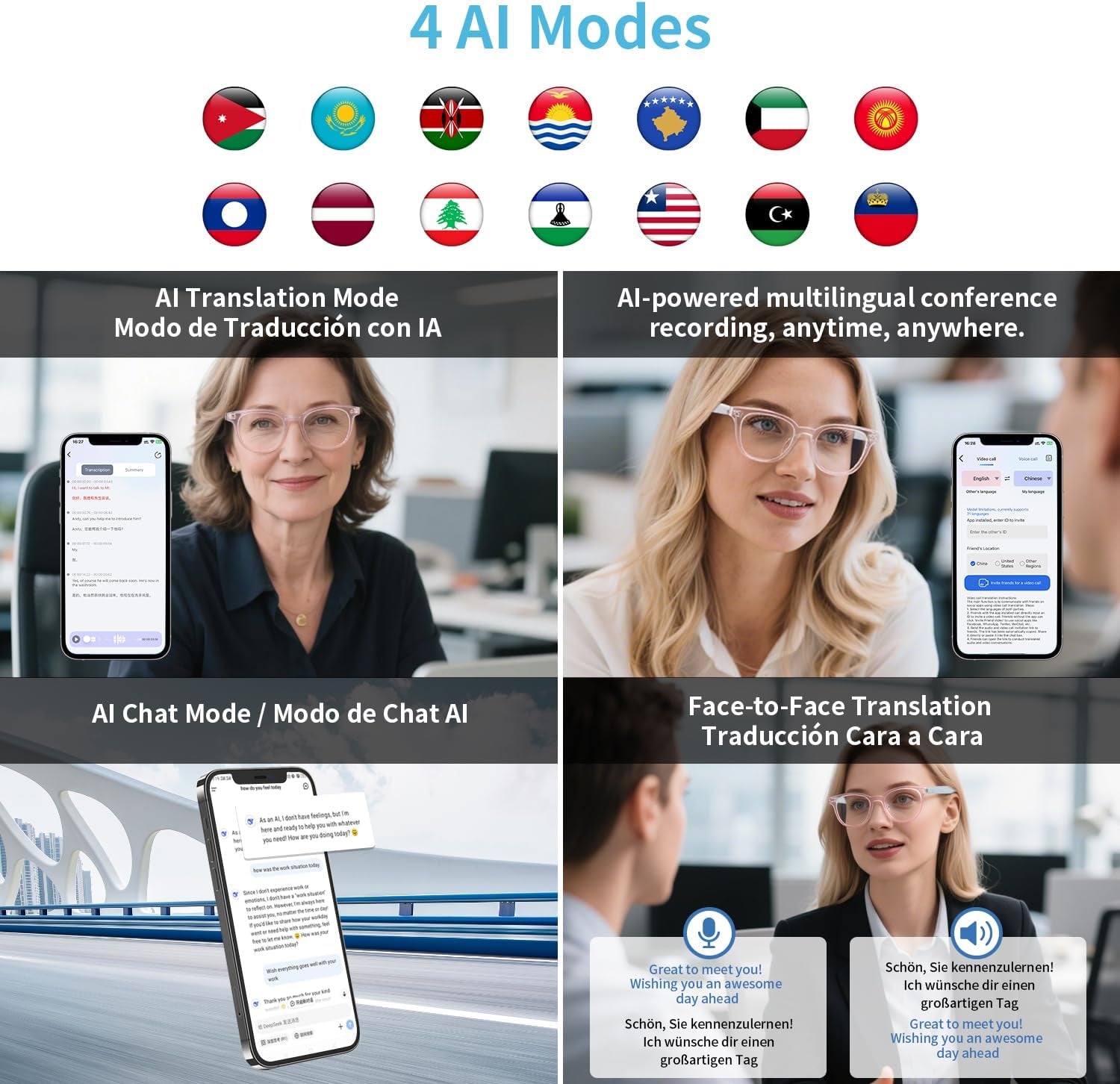 AI Smart Glasses for Women, Support 160+ Languages Real-Time Translation/ Live Recording/ AI Call Bluetooth Translator, Video & Voice Call, Powered by GPT, Translation Glasses for Work, Travel & Study