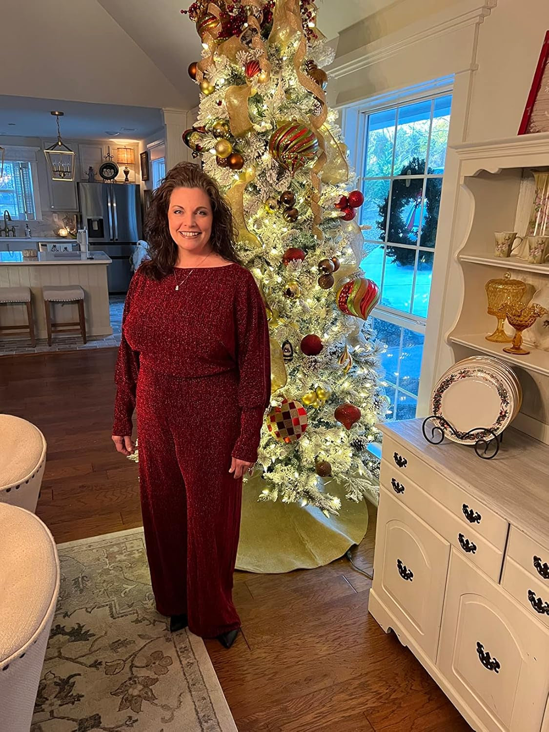 Zonjie Sexy Sparkly Sequin Jumpsuits for Women Elegant plus Size off Shoulder Long Sleeves Wide Leg Pants Clubwear Rompers,Wine Red