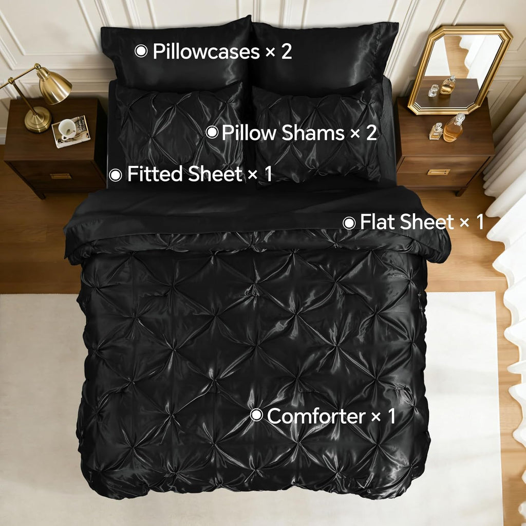 BEDELITE Satin Comforter Set Queen Size, 7 Pieces Pintuck Bed in a Bag with Comforter, Flat Sheet, Fitted Sheet, Pillowcases, Shams, Soft Cozy Similar to Silk Bed Set for All Seasons (Black)