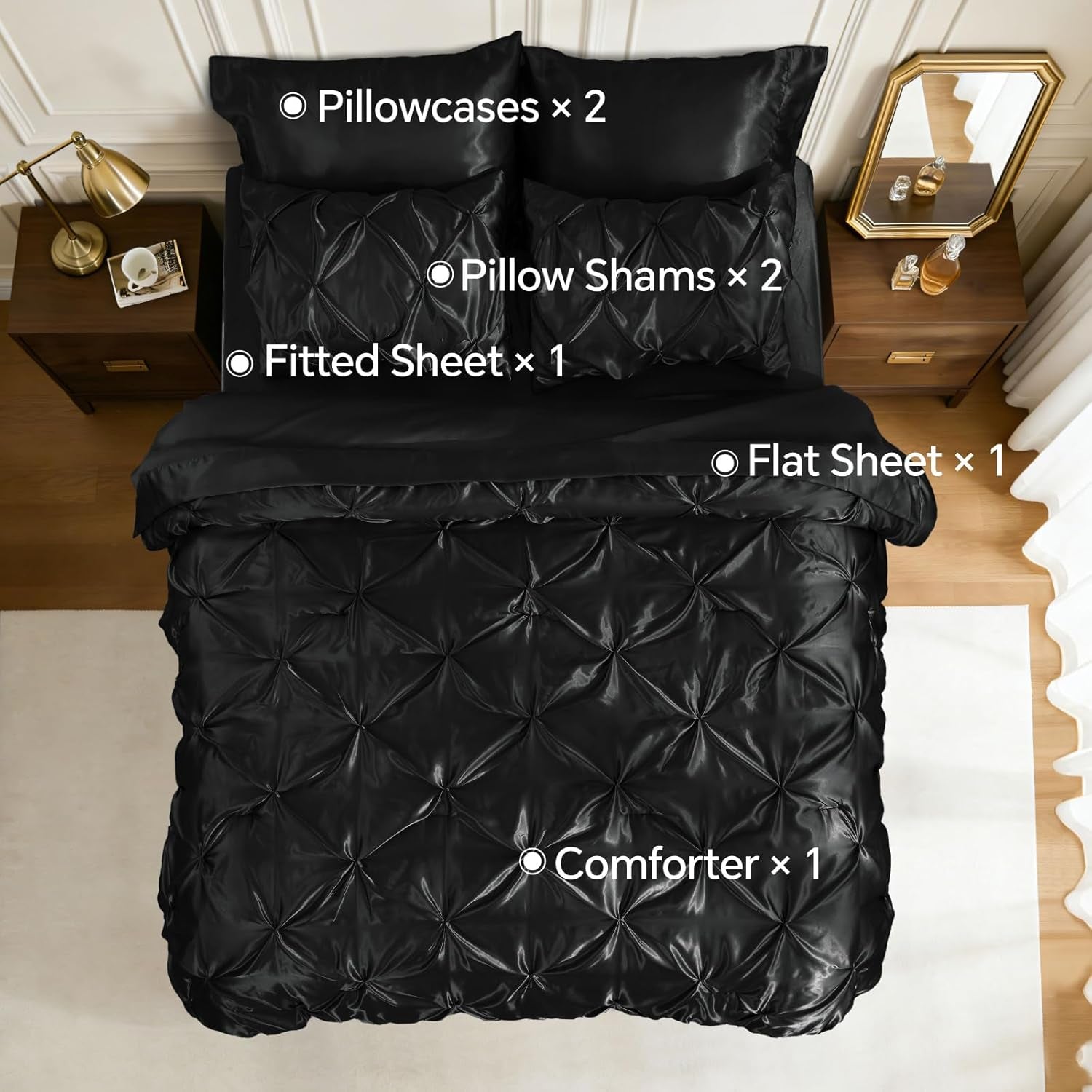 BEDELITE Satin Comforter Set Queen Size, 7 Pieces Pintuck Bed in a Bag with Comforter, Flat Sheet, Fitted Sheet, Pillowcases, Shams, Soft Cozy Similar to Silk Bed Set for All Seasons (Black)