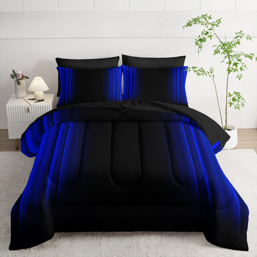 Nttopship Blue and Black Bedding Set Full Size Abstract Ombre Comforter Set Bedding Set 7 Piece in a Bag,Dark Quilt Set Mordern Art Decor All Seasons with Pillowcases,Flat, Fitted Sheet