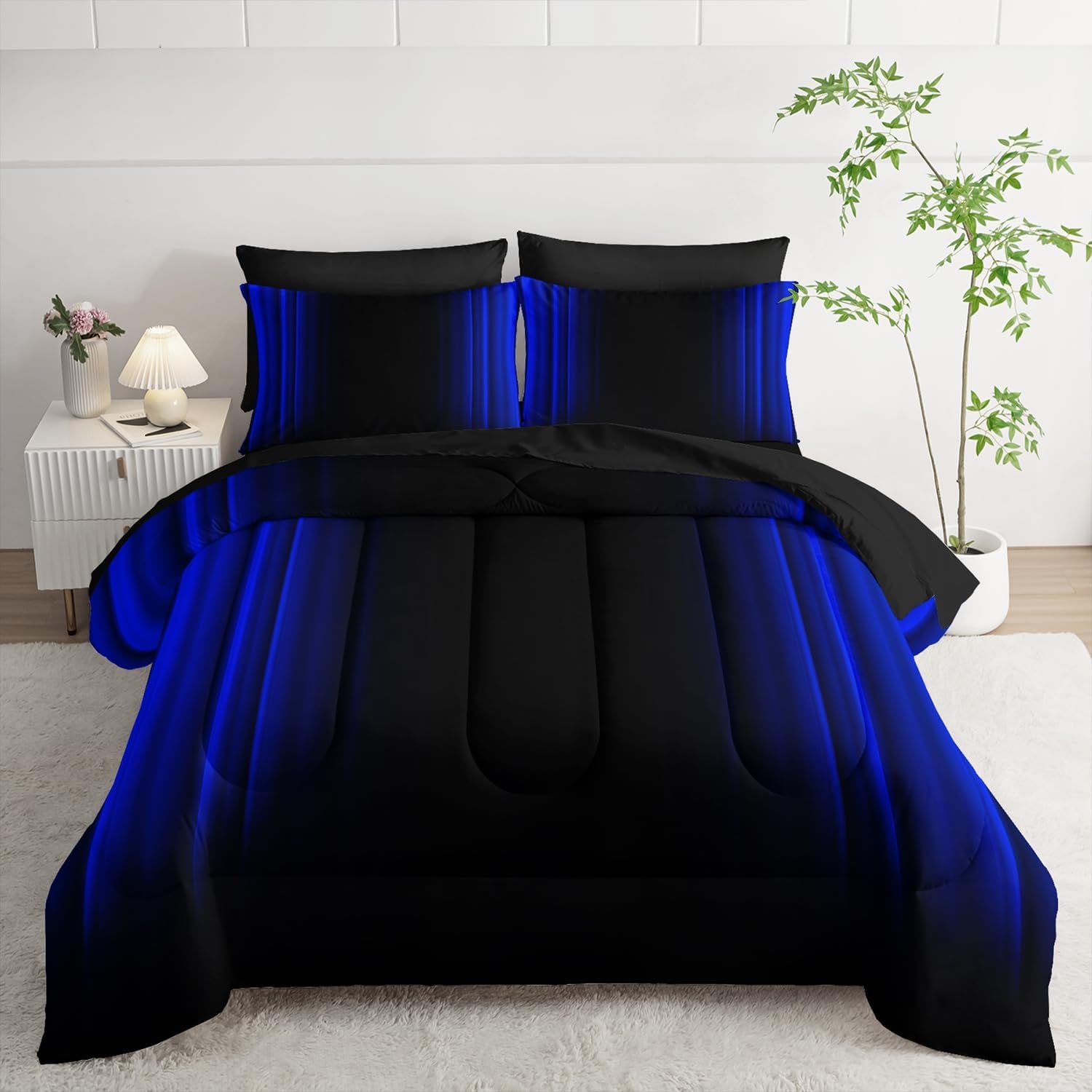 Nttopship Blue and Black Bedding Set Full Size Abstract Ombre Comforter Set Bedding Set 7 Piece in a Bag,Dark Quilt Set Mordern Art Decor All Seasons with Pillowcases,Flat, Fitted Sheet