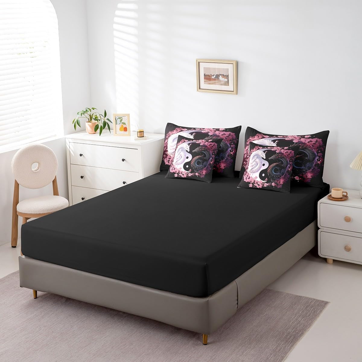 Feelyou Dragon Bedding Set Queen Size Yin Yang Comforter Set 7 Pieces Cherry Blossoms 3D Dragon Ancient Wildlife Couple Lover Bed in a Bag for Romantic Bed Set with Comforter, Sheet Set, Pillowcases