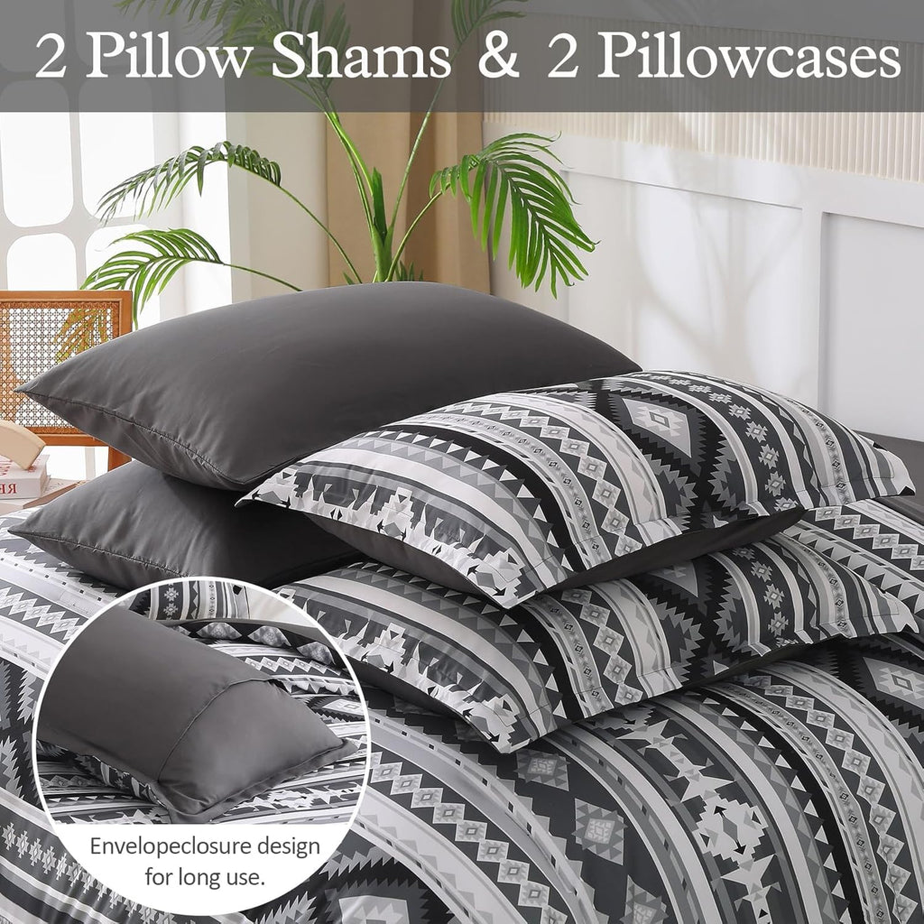 Dinjoy Dark Grey Boho Comforter Set Queen Size,7 Pieces Bed in a Bag Queen Warm Black Bedding Sets with Sheets Aztec Comforters Mens Striped Complete Set for Fall Winter 90"X90"