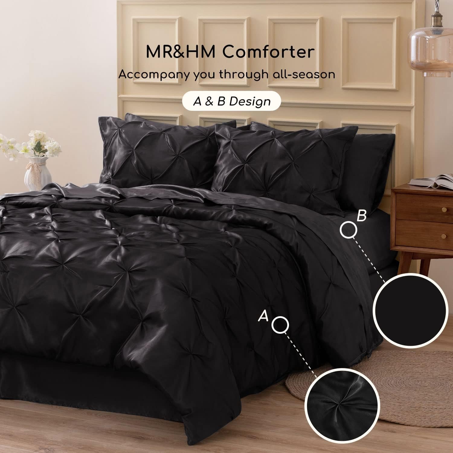 MR&HM Satin Comforter Queen 7 Pieces - Luxurious Pinch Pleat Bedding Set with Comforter, Flat Sheet, Fitted Sheet, Pillowcases & Shams, Super Silky Soft Bed Set for All Season (Queen, Black)