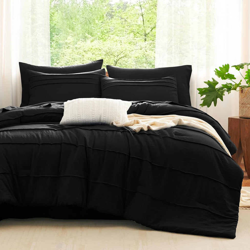 Cozylux Queen Comforter Set Black, 7 Pieces Soft Pinch Pleat Bed in a Bag Queen Comforter Set with Sheets, Boho Bed Set with down Alternative Comforter, Sheets, Pillowcases & Shams