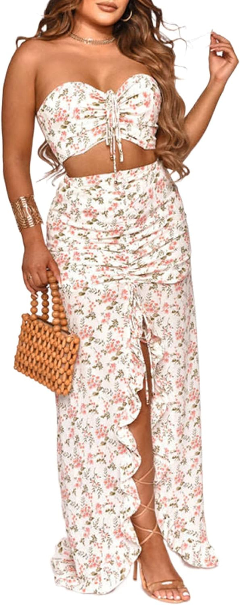 QZOOK 2 Piece Outfits for Women Skirt Sets Summer Two Piece Boho Floral Print Beach Maxi Dress Sexy Crop Tube Top Jumpsuit White L