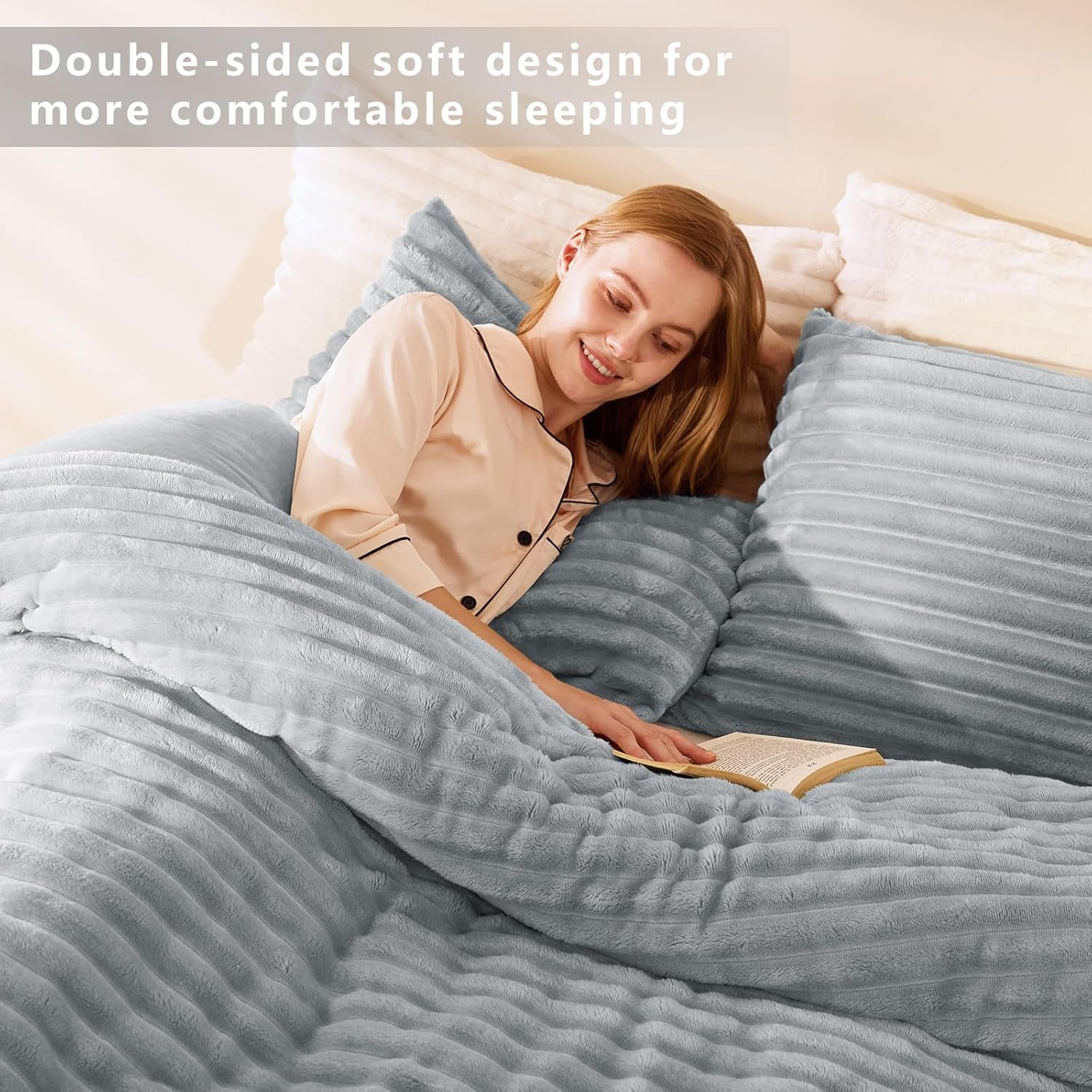 Cozylux Fluffy Queen Comforter Set - Super Soft Faux Fur Grey Comforter Queen Size, Winter Warm Fleece Bedding Set, 3 Pieces Plush Fuzzy Bed Set (1 Shaggy Comforter, 2 Pillowcases)