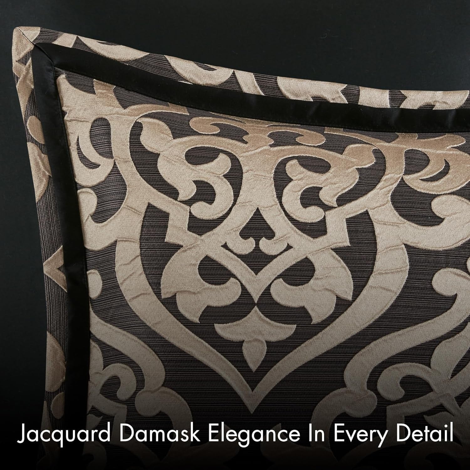 Madison Park Queen Comforter Set Damask Medallion Jacquard Comforters Queen Size Bed, Overfilled All Season Queen Bed Set, Bed Skirt, Shams, Decor Pillows, Odette, Queen(90 in X 90 In), Black 8 Piece