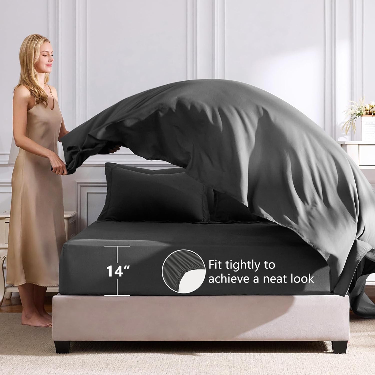 Cozylux Queen Comforter Set Dark Grey - Bed in a Bag Queen Size 7 Pieces, Luxury Soft Bed Set for All Seasons, Bedding Set with Comforter, Sheets, Pillowcases & Shams, Dark Gray, Queen