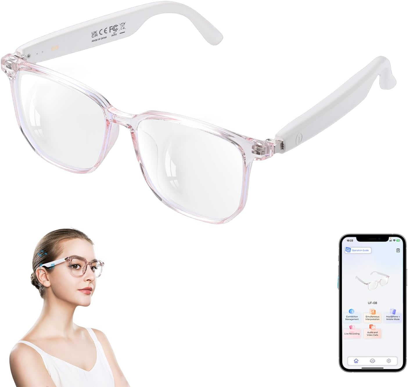 AI Smart Glasses for Women Men, Clear Frame Blue Light Glasses, Real-Time Translation（160+Languages), Photo Translation, No Subscription, Bluetooth 6.0 AI Translation Glasses for Business Travel-Pink