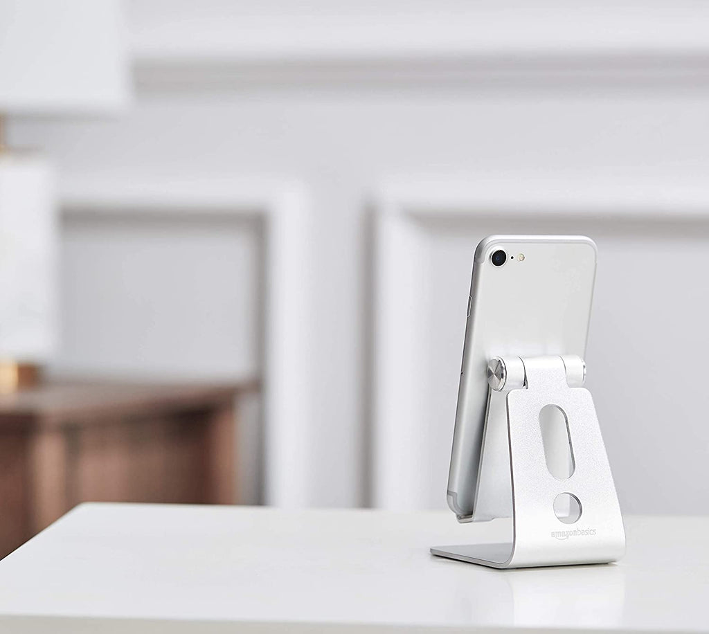 Adjustable Aluminum Phone Stand for Cell Phones, Iphone and Android, Desktop Phone Holder with Adjustable Angle, Hands-Free Viewing, 3.15 X 2.87 X 3.74 Inch, Silver