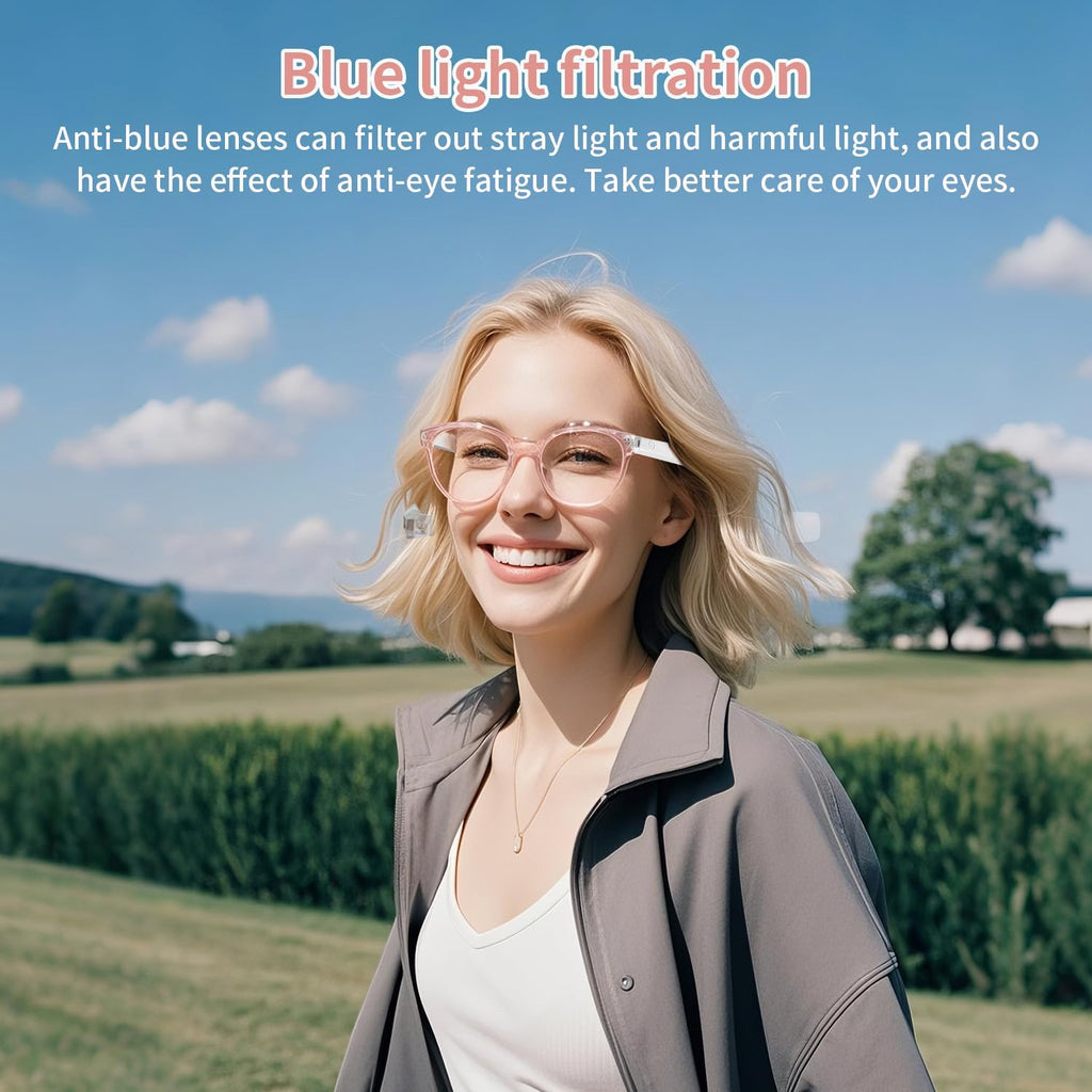 AI Smart Glasses for Women Men, Clear Frame Blue Light Glasses, Real-Time Translation（160+Languages), Photo Translation, No Subscription, Bluetooth 6.0 AI Translation Glasses for Business Travel-Pink