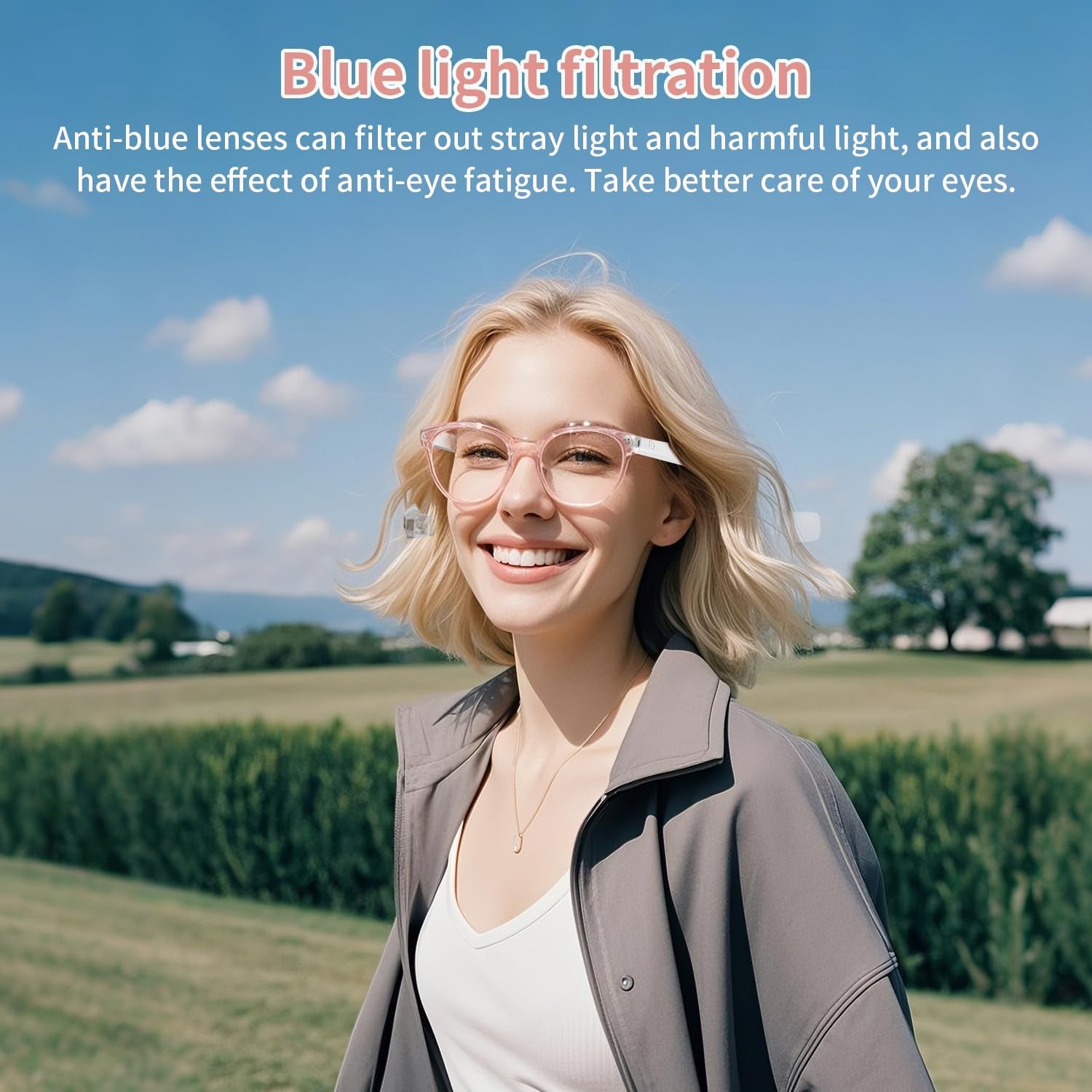 AI Smart Glasses for Women Men, Clear Frame Blue Light Glasses, Real-Time Translation（160+Languages), Photo Translation, No Subscription, Bluetooth 6.0 AI Translation Glasses for Business Travel-Pink