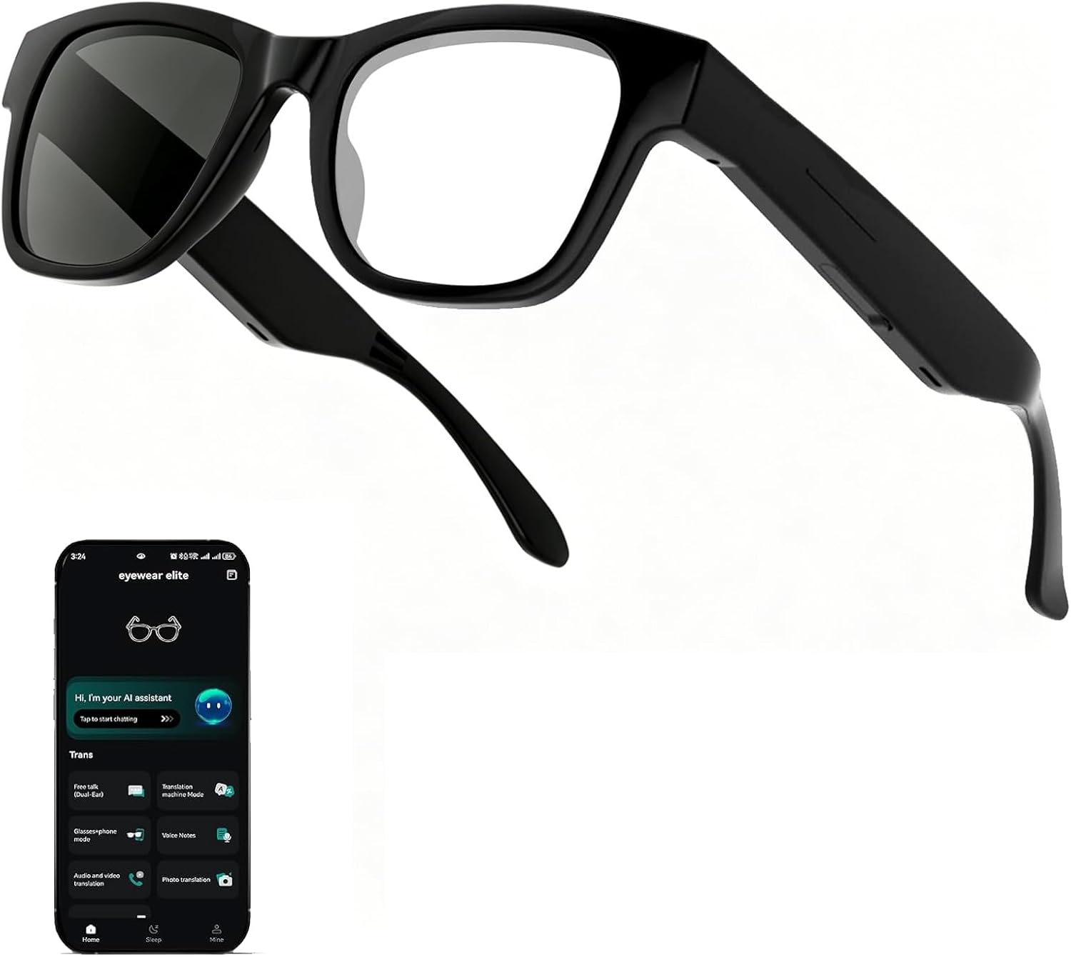 AI Smart Glasses for Men Women - 164 Languages Translation, Color-Change Lens W/Uv & Blue Light Protection, Music &Calls W/Bluetooth 5.4, Al Vioce &Meeting Assistant, Black