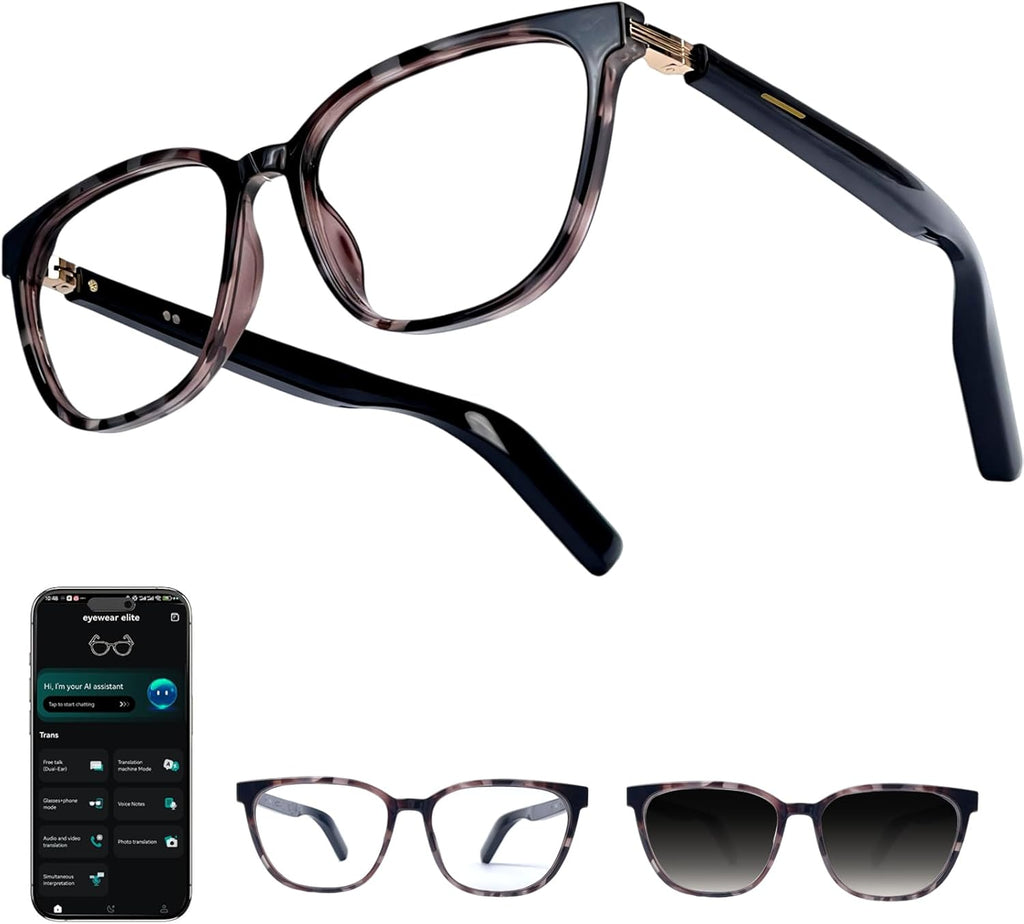 Ai Smart Glasses Men Women with Real-Time Translation, Color-Change Lens, Music & Calls W/Bluetooth 5.4, Al Vioce & Meeting Assistant, Lightweight & Comfortable, Thin Temples (Tortoiseshell)