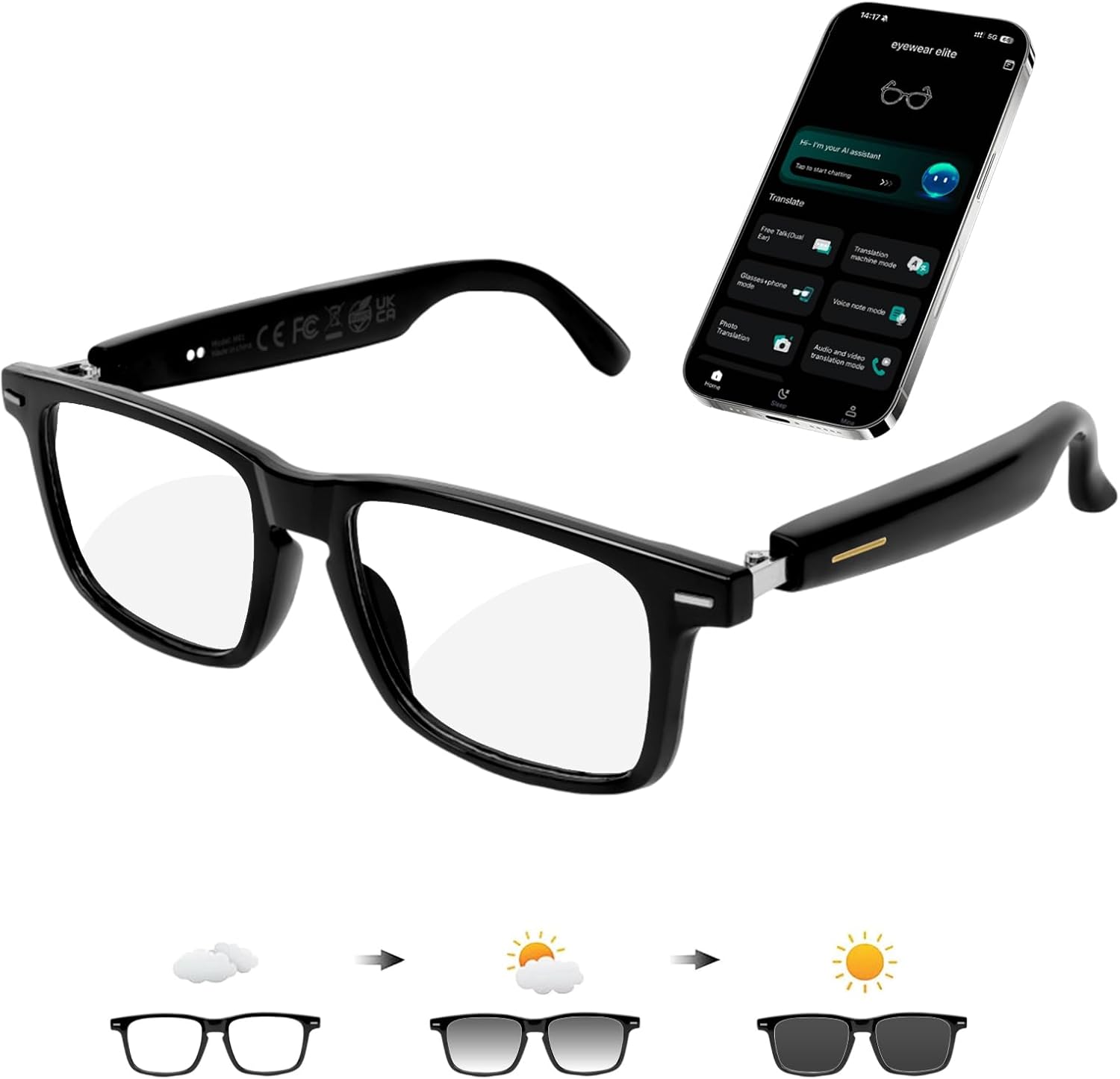 AI Smart Glasses for Men & Women – Powered by Chatgpt, 164+ Languages Translation and Photochromic Lens, Meeting Assistant, Bluetooth Glasses W/ Music & Hands-Free Calling, UV & Blue Light Protection