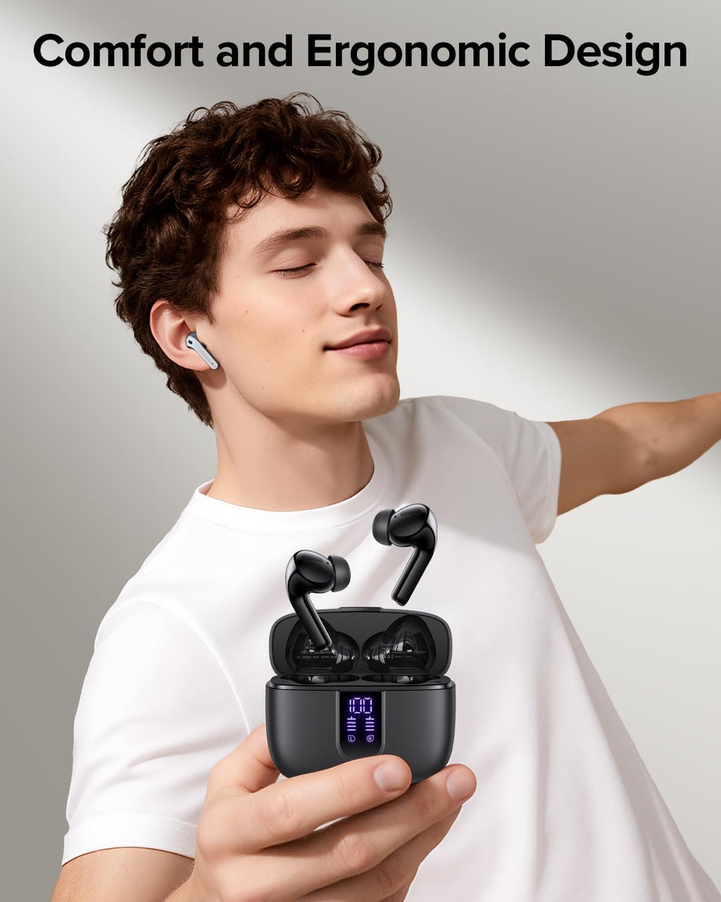 Bluetooth Headphones True Wireless Earbuds 60H Playback LED Power Display Earphones with Wireless Charging Case IPX5 Waterproof In-Ear Ear Buds with Mic for TV Smart Phone Laptop Computer Sports