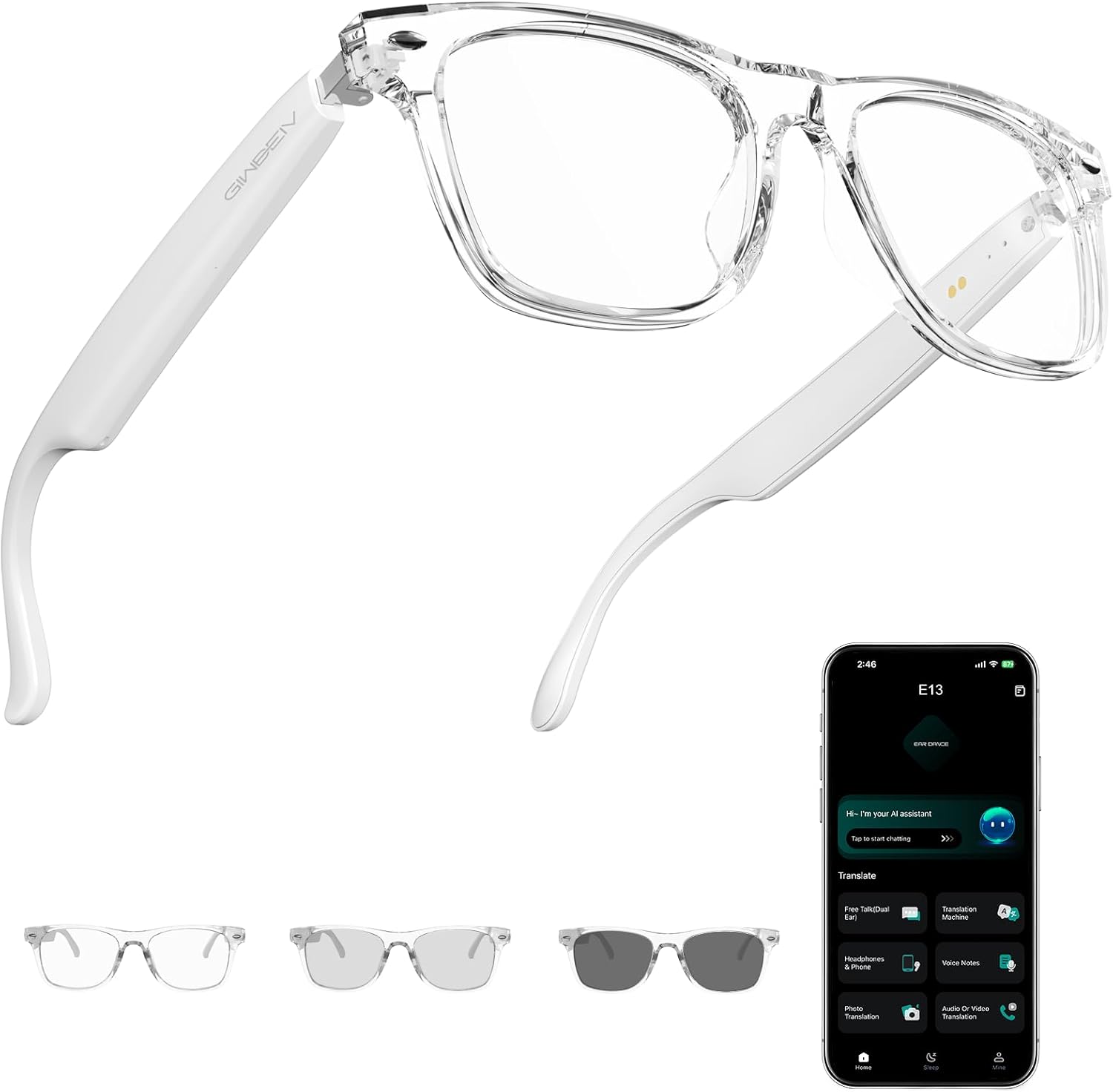 AI Smart Glasses for Women & Men with Chatgpt, Bluetooth Glasses with 165 Languages Translation, Color-Change Lens, Meeting Analysis, Music Playback, Hands-Free Calls, UV & Blue Light Protection