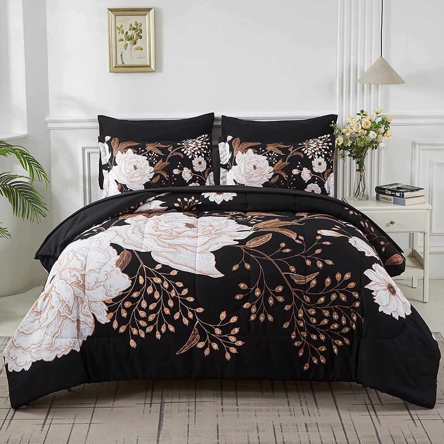Yogeneg 7 Piece Bed in a Bag Queen Comforter Set Botanical Floral Bedding Set,White Flowers Leaves Printed on Black Reversible Design,Soft Microfiber Comforter with Sheet Set,All Season